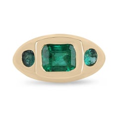 18K Gold 2.63tcw Natural Emerald Three Stone Ring, Medium Dark Green Trilogy