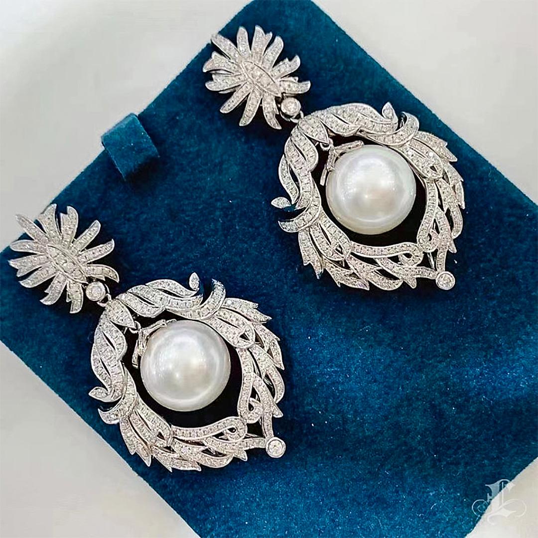 Uncut 【Crown Radiance】Imperial Laurel South Sea Pearl Diamond Earrings For Sale