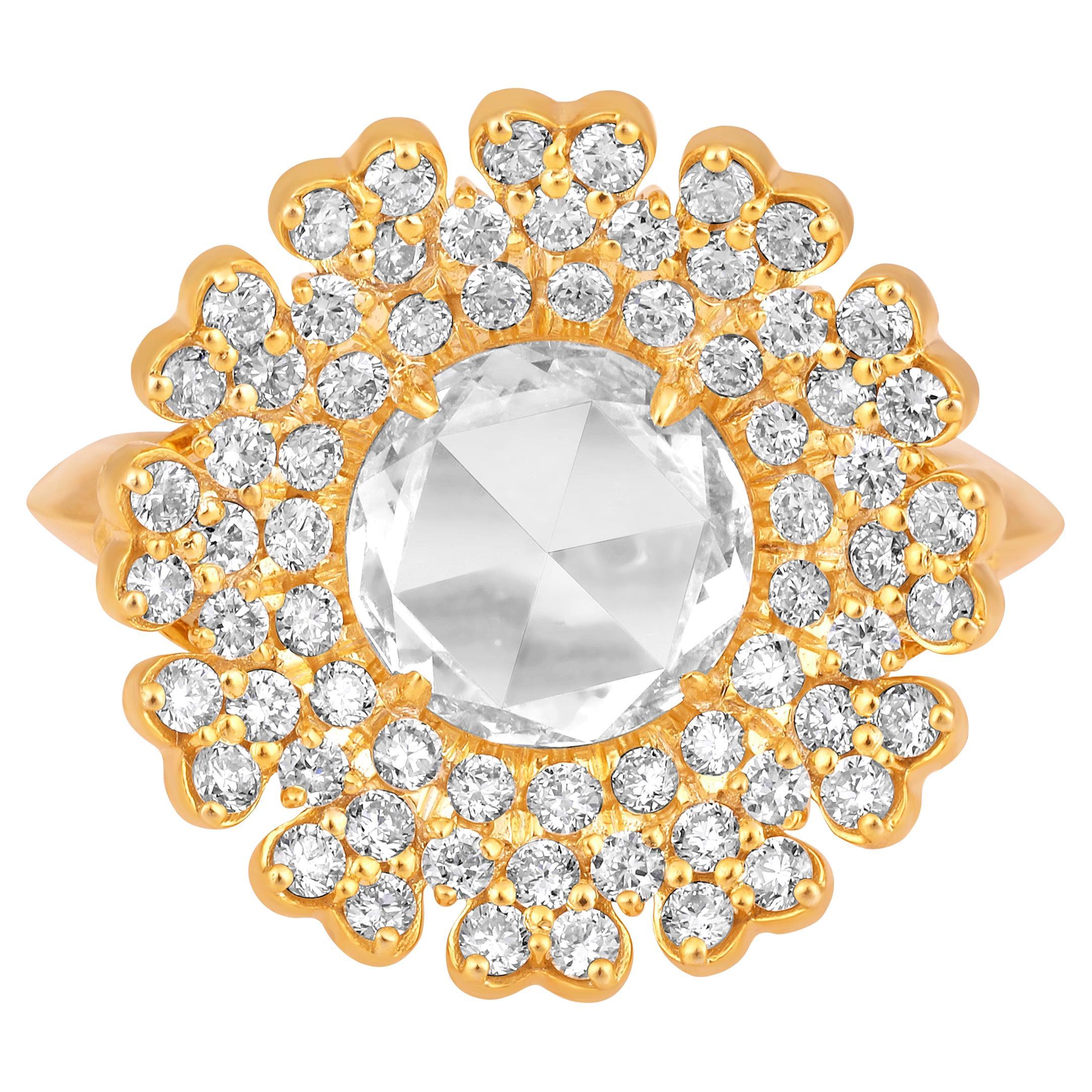 18K Gold 2.6ct Lab Created Diamond D-VVS Rose-Cut Curved Big Flower Cluster Ring