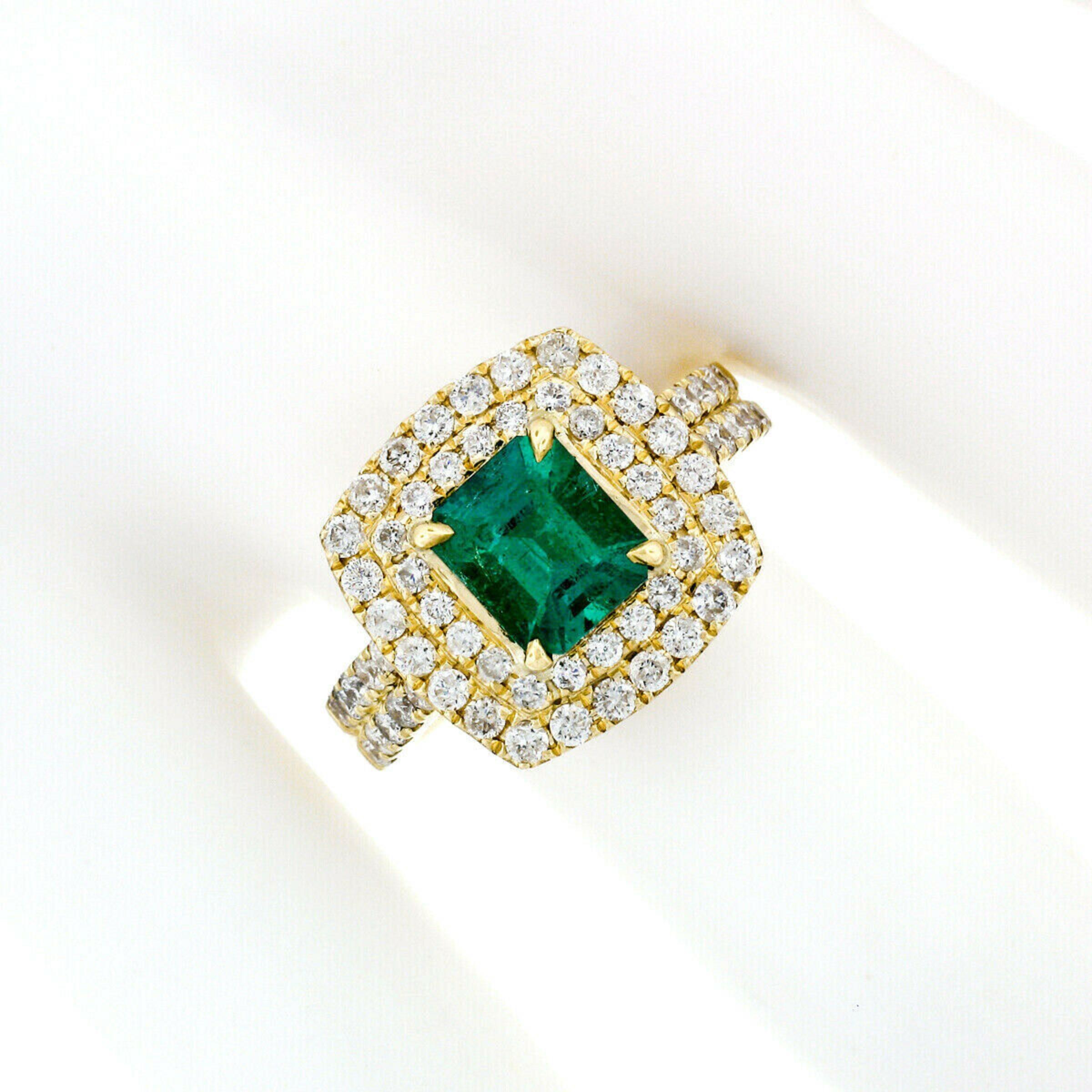Emerald Cut 18K Gold 2.72ctw GIA Fine Emerald & Double Diamond Halo Statement Cocktail Ring For Sale