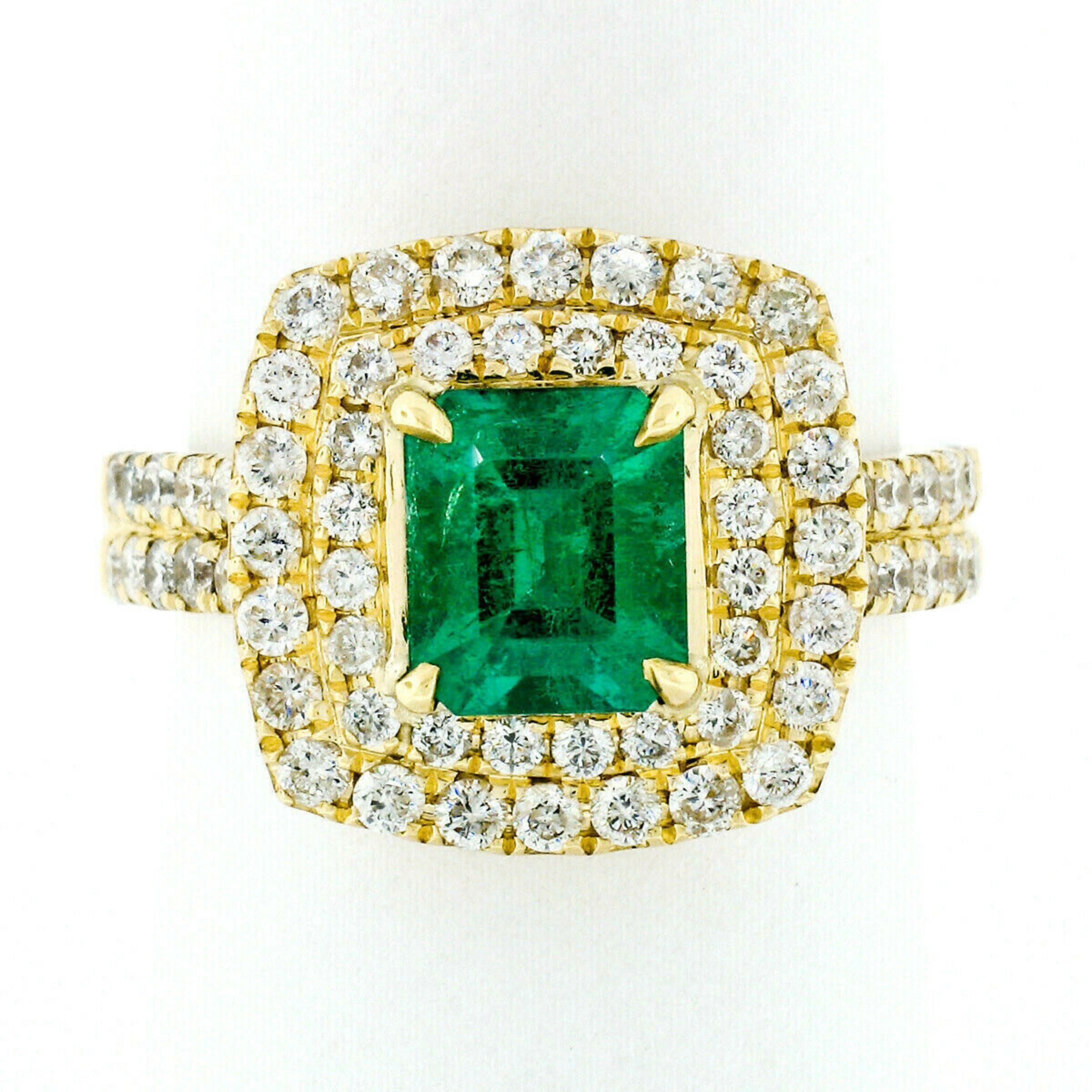 18K Gold 2.72ctw GIA Fine Emerald & Double Diamond Halo Statement Cocktail Ring In Good Condition For Sale In Montclair, NJ
