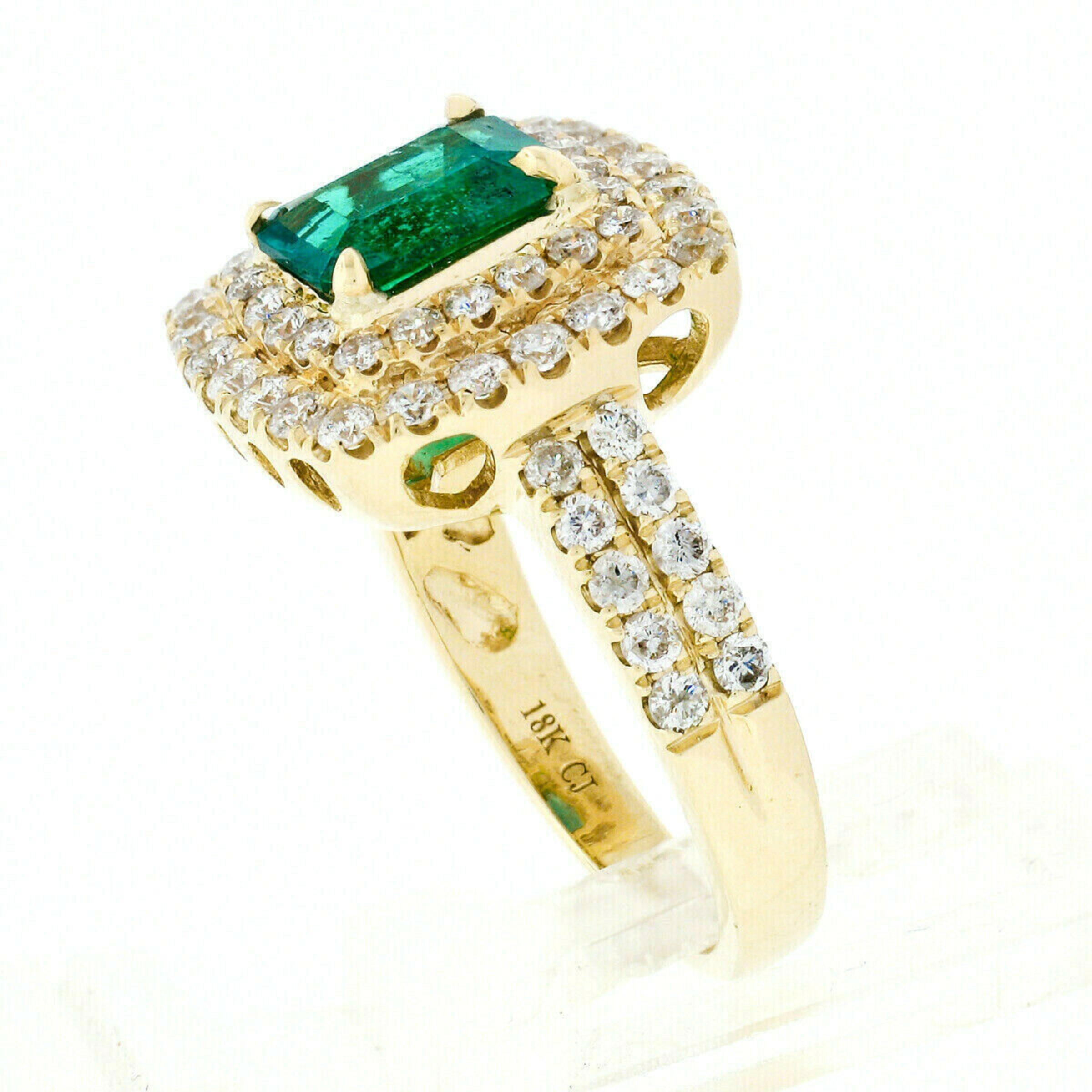 Women's 18K Gold 2.72ctw GIA Fine Emerald & Double Diamond Halo Statement Cocktail Ring For Sale