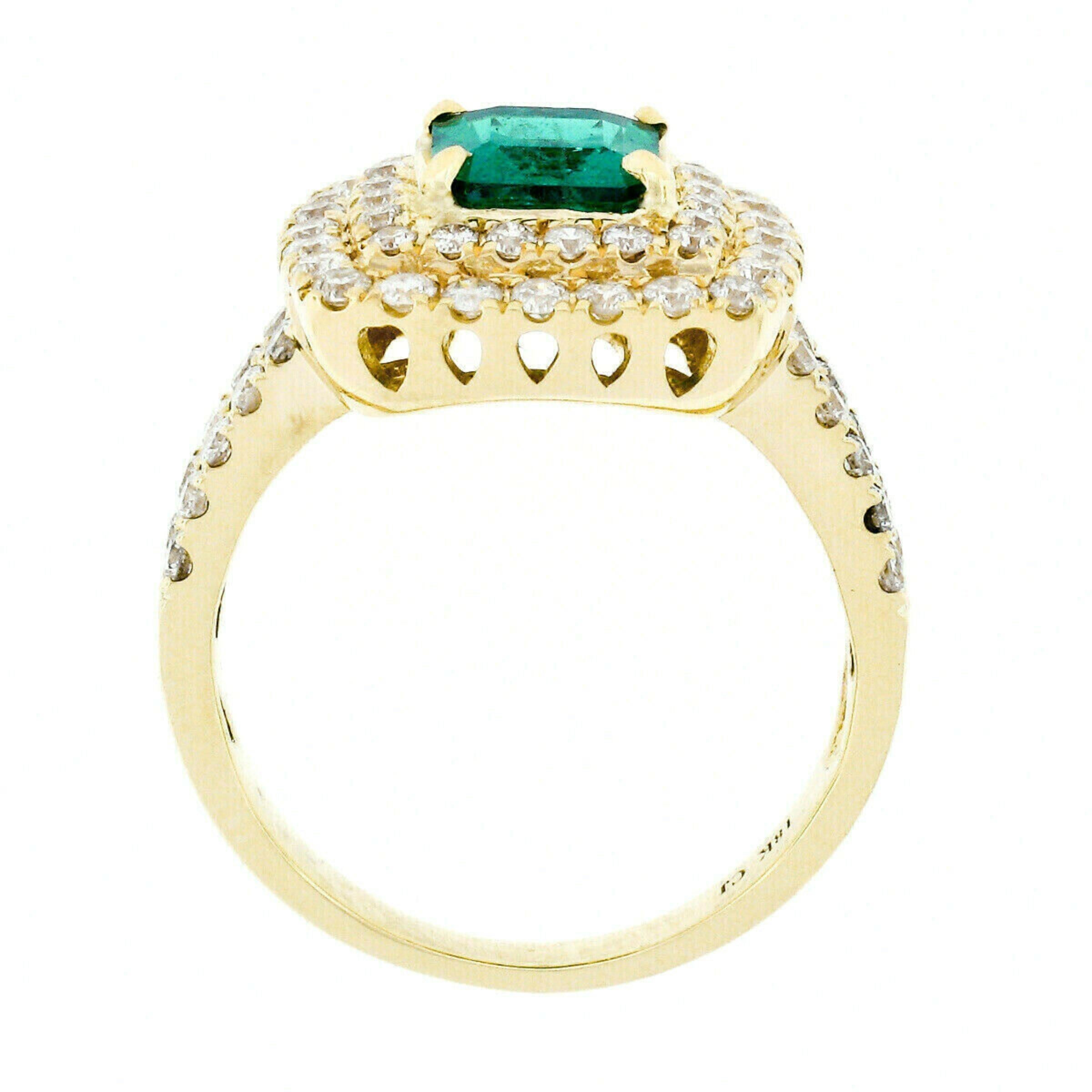 18K Gold 2.72ctw GIA Fine Emerald & Double Diamond Halo Statement Cocktail Ring For Sale 1
