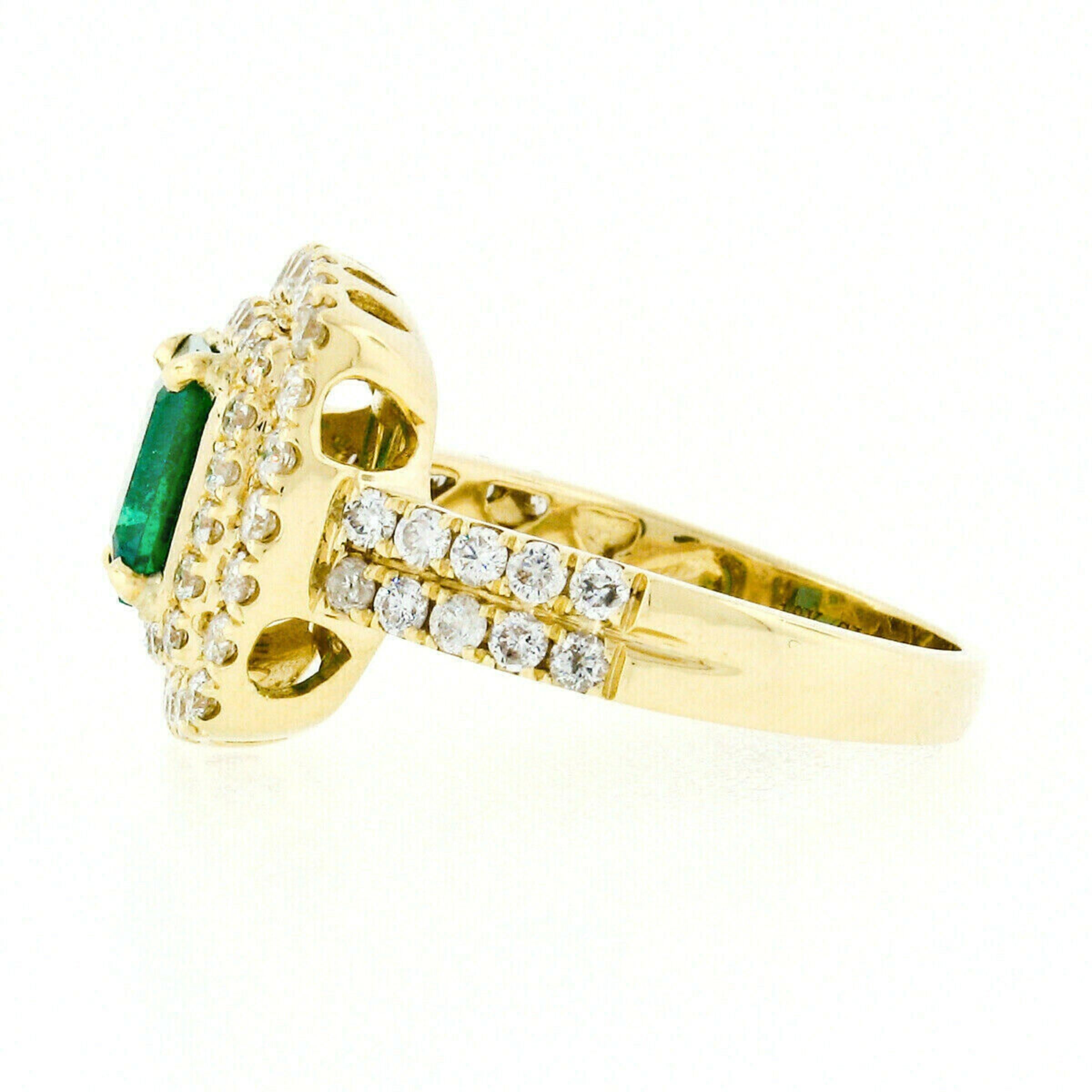18K Gold 2.72ctw GIA Fine Emerald & Double Diamond Halo Statement Cocktail Ring For Sale 2