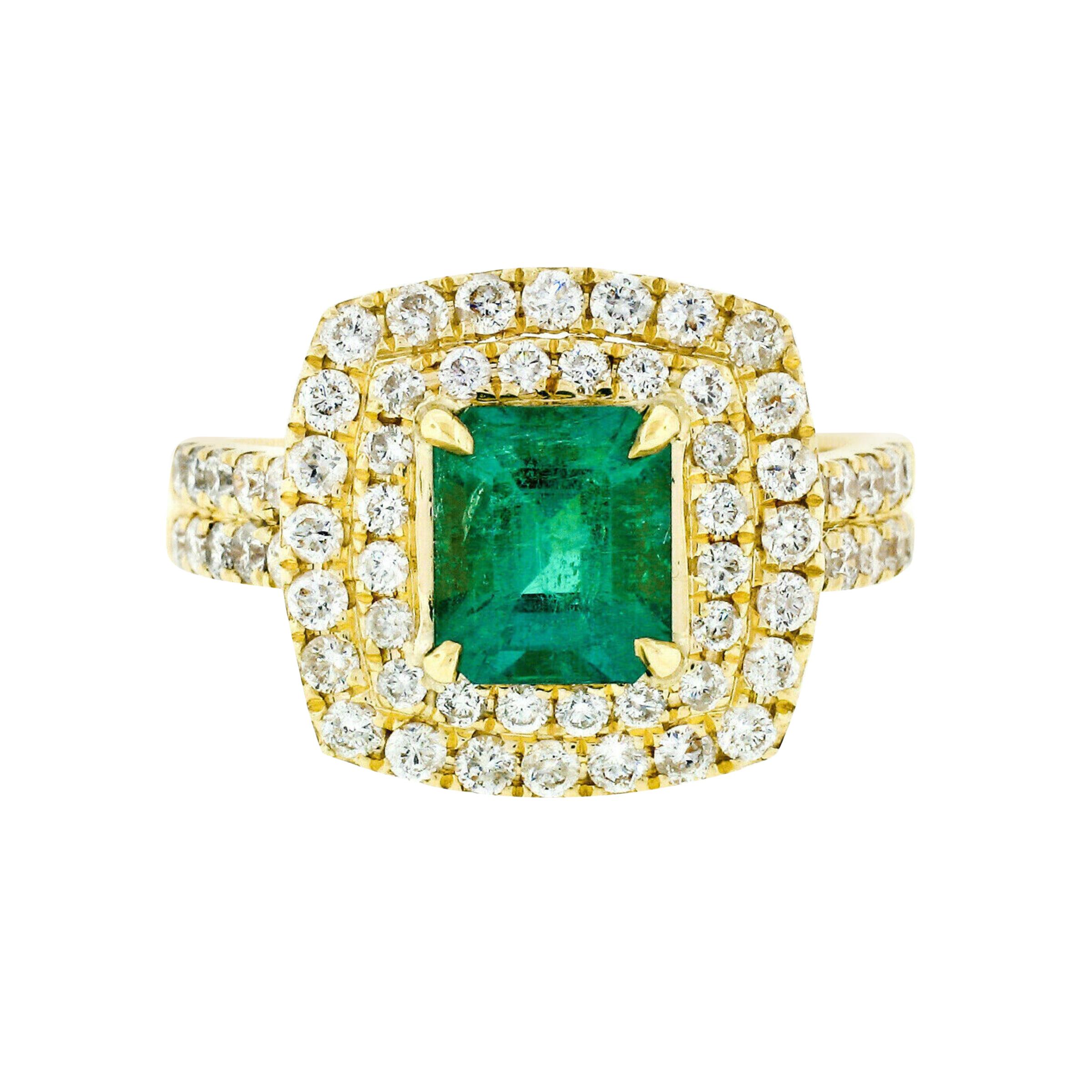 18K Gold 2.72ctw GIA Fine Emerald & Double Diamond Halo Statement Cocktail Ring