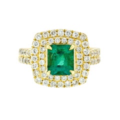 Vintage 18K Gold 2.72ctw GIA Fine Emerald & Double Diamond Halo Statement Cocktail Ring