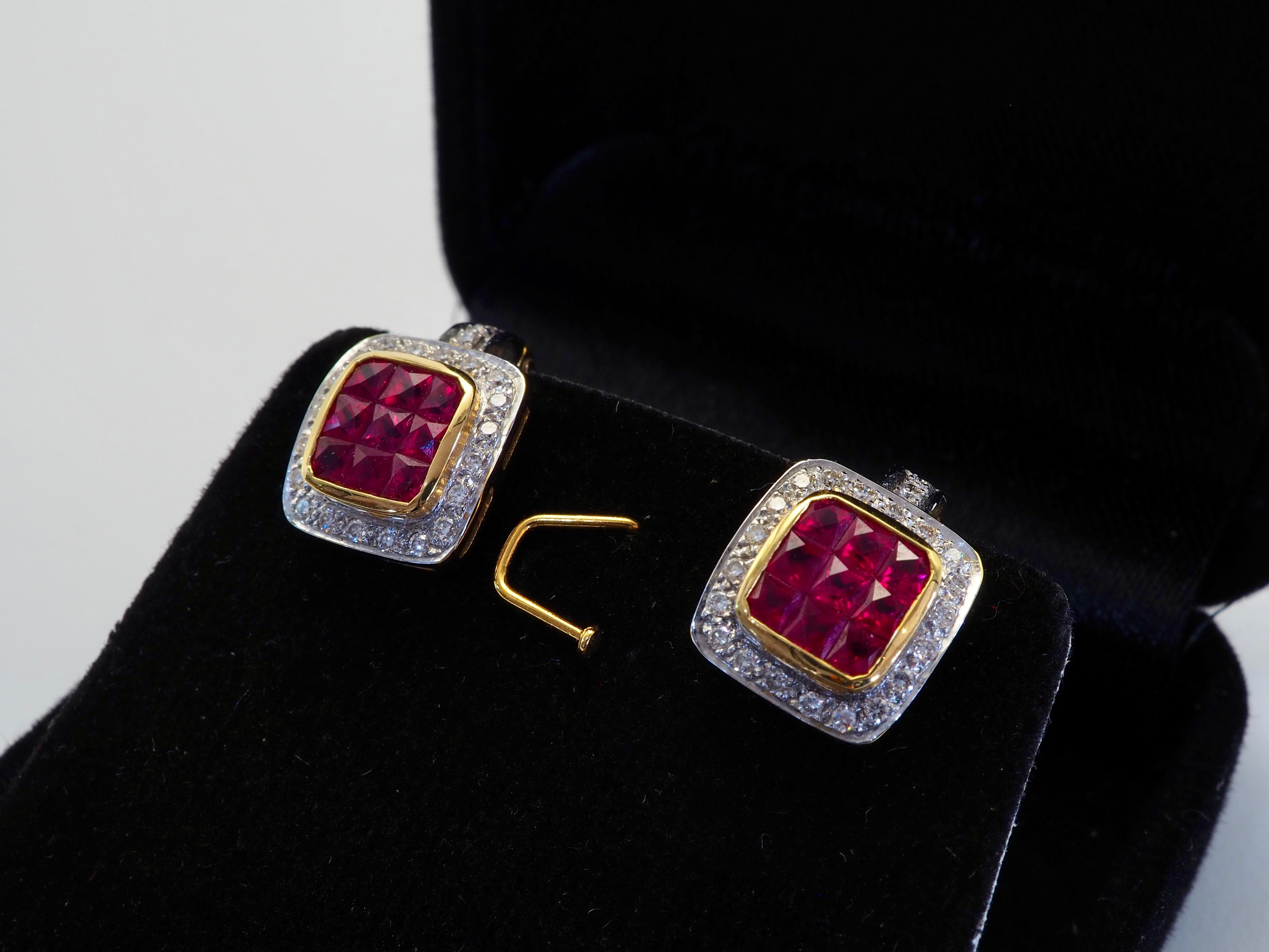 Orecchini in oro 18 carati con rubino quadrato da 2,80 carati e diamante da 0,26 carati con chiusura invisibile in vendita 1
