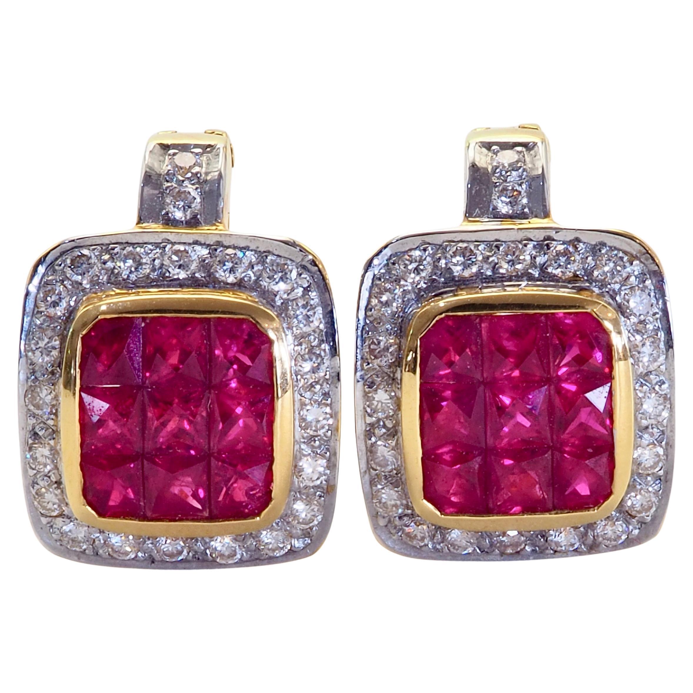 18K Gold 2.80ct Squared Ruby & 0.26ct Diamond Invisible Latch Earrings