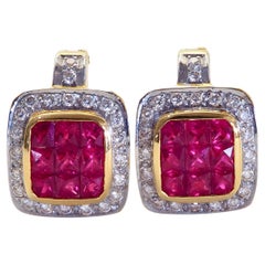Pendientes de oro de 18 quilates de rubí cuadrado de 2,80 ct y diamante de 0,26 ct con cierre invisible