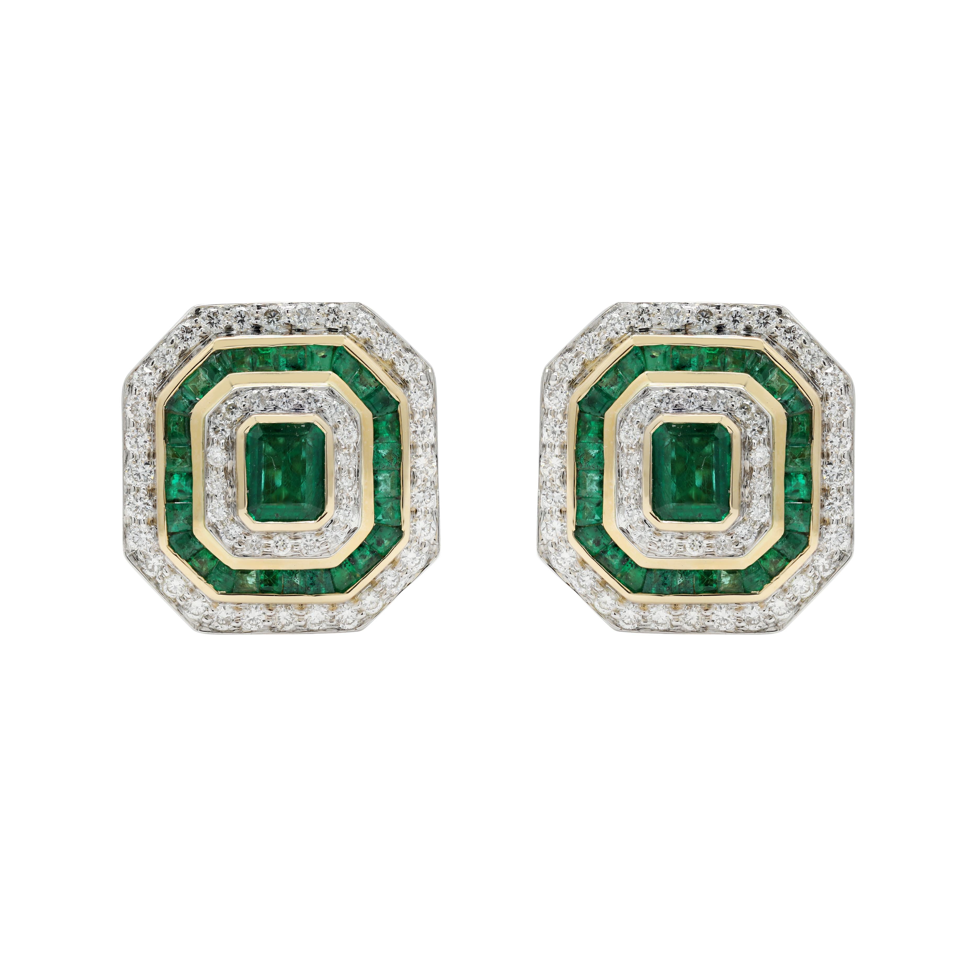 Earrings create a subtle beauty while showcasing the colors of the natural precious gemstones and illuminating diamonds making a statement.

Octagon and square cut Emerald and Diamond Stud earrings in 18K gold. Embrace your look with these stunning