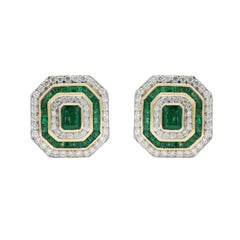 18K Gold 2.87 Ct Emerald and Diamond Cluster Clip on Stud Earrings for Wedding
