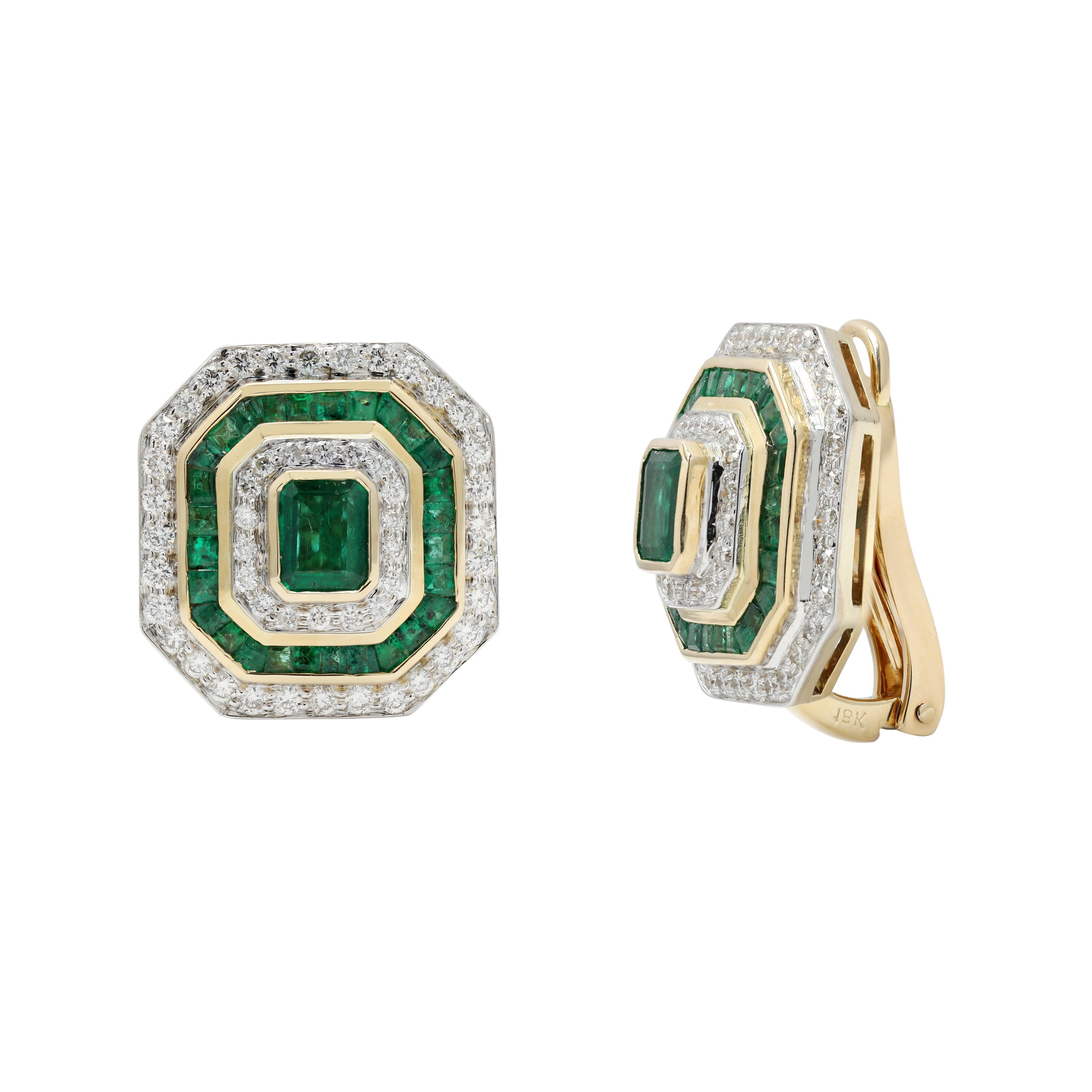 Octagon Cut 18K Gold 2.87 Ct Emerald and Diamond Cluster Clip on Stud Earrings for Wedding For Sale