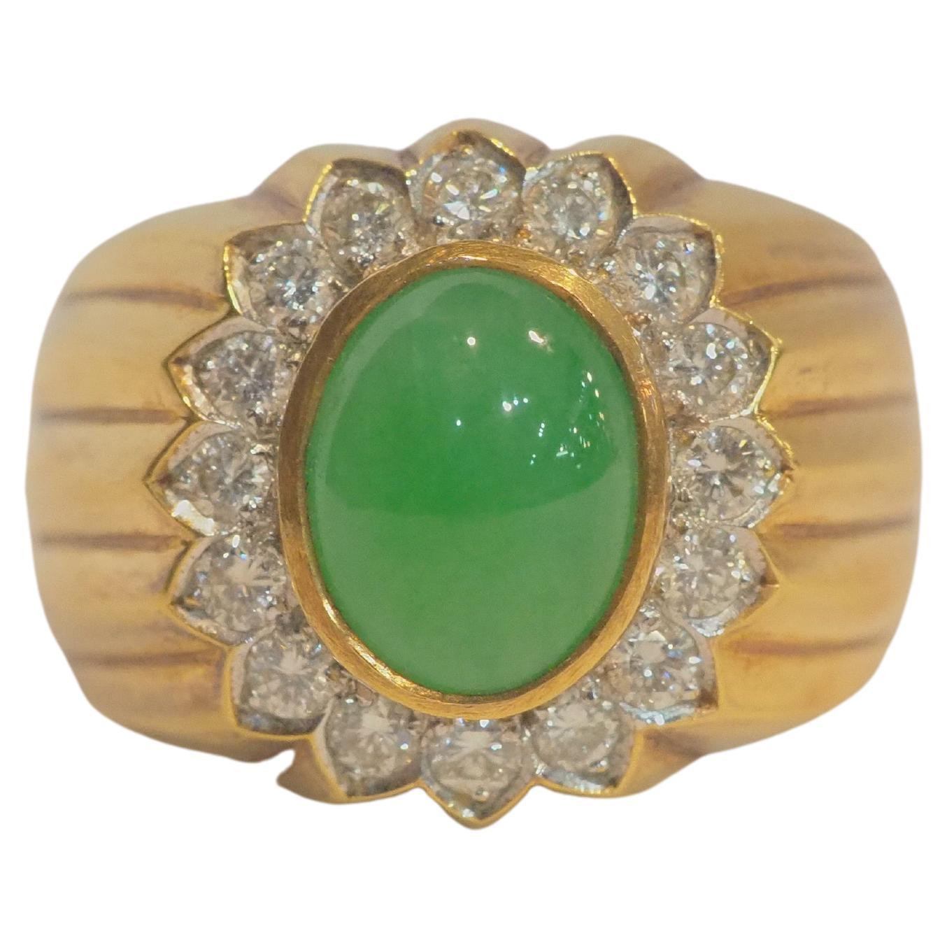 18K Gold 2.87ct Burma Jadeite & 0.59ct Diamond Men's Trombino Ring For Sale