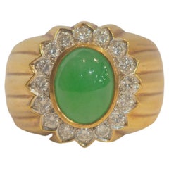 Vintage 18K Gold 2.87ct Burma Jadeite & 0.59ct Diamond Men's Trombino Ring