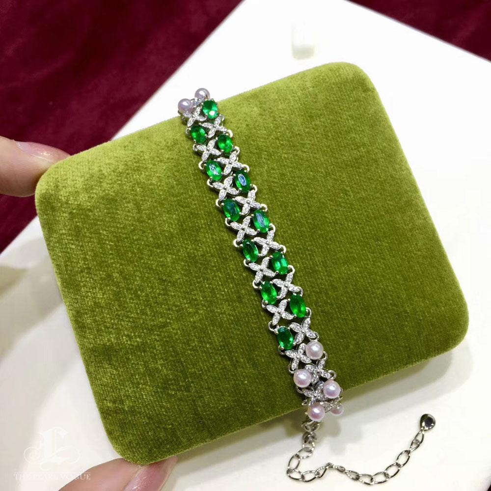 【Jādora】Forest Whisper Aurora Akoya Pearl Emerald Bracelet en vente 1
