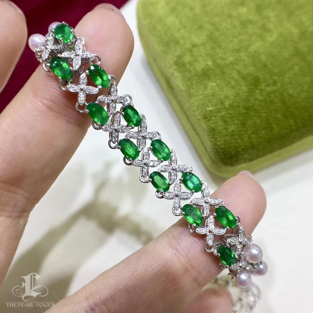 【Jādora】Forest Whisper Aurora Akoya Pearl Emerald Bracelet en vente 2
