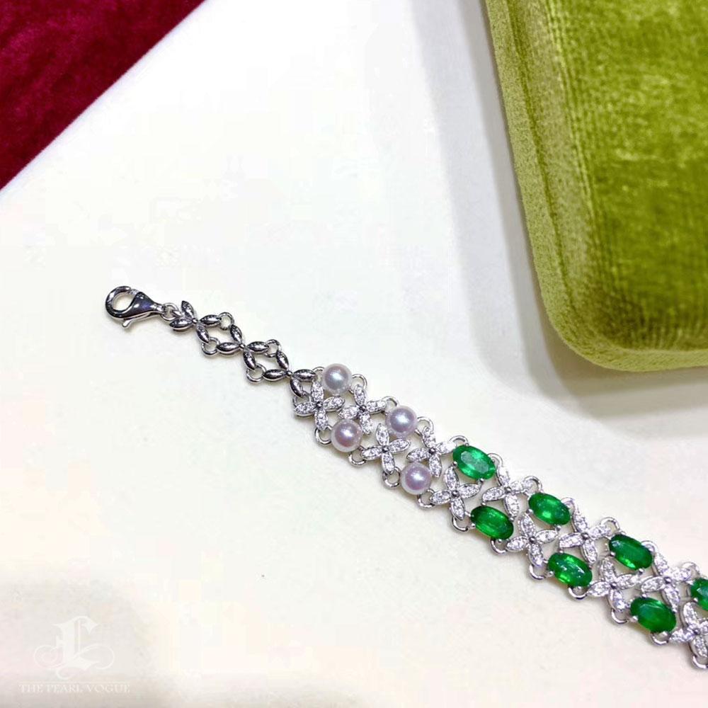 【Jādora】Forest Whisper Aurora Akoya Pearl Emerald Bracelet en vente 4