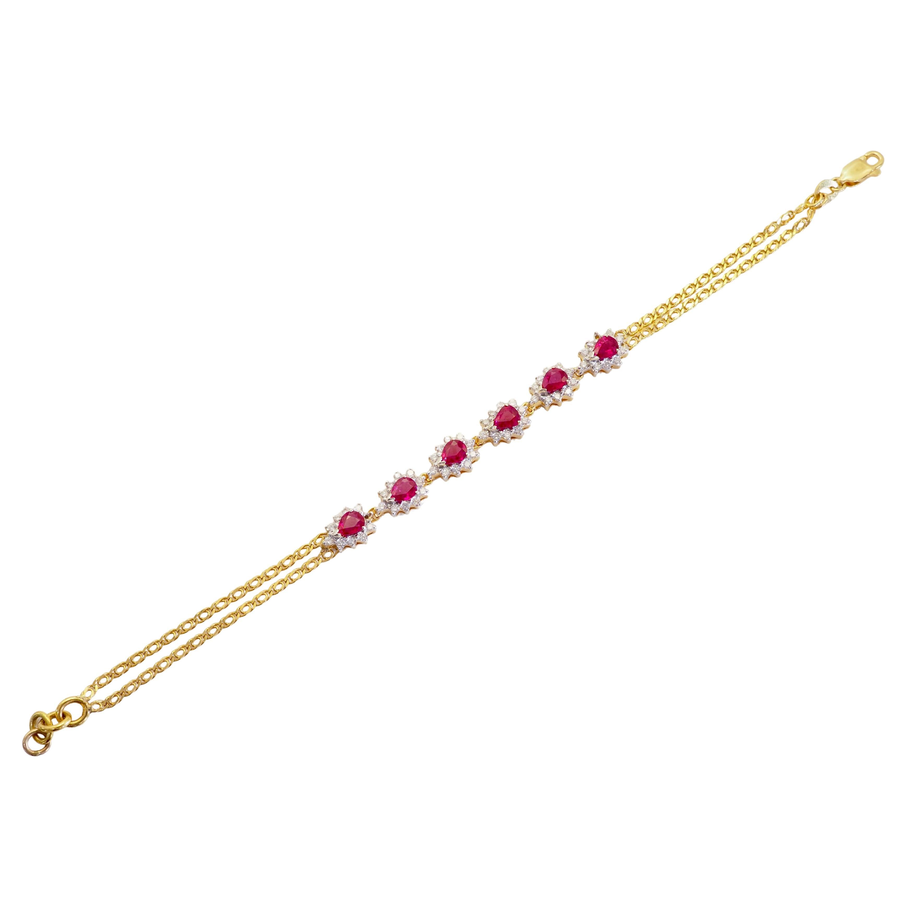 Bracciale a catena fine in oro 18 carati con rubino perlato da 2,90 carati e diamante da 0,74 carati