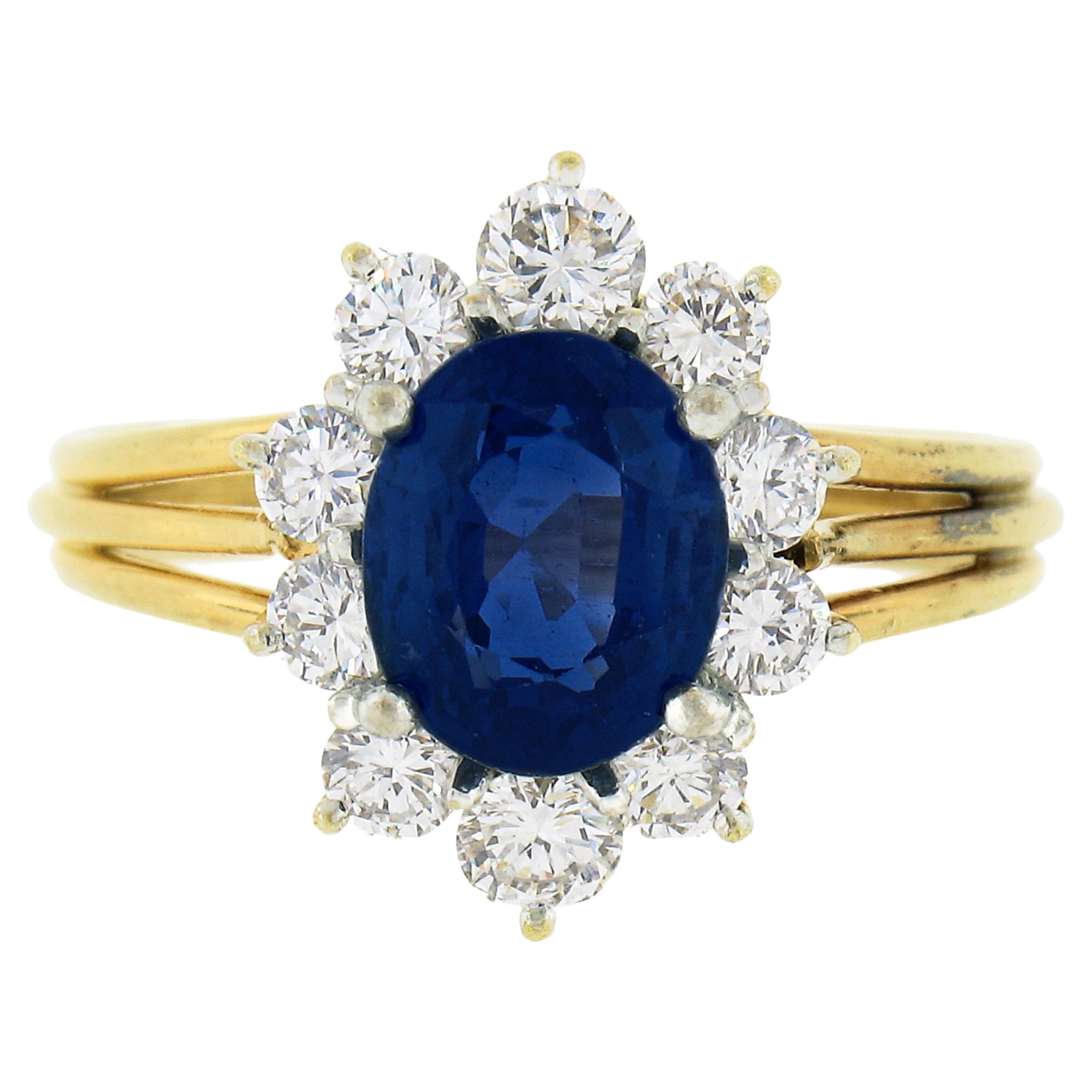 18k Gold 2.95ctw GIA Burma No Heat Oval Blue Sapphire Diamond Halo Cocktail Ring For Sale