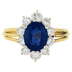 Bague cocktail en or 18 carats avec saphir bleu ovale GIA de Birmanie non chauffé et halo de diamants 2,95 carats