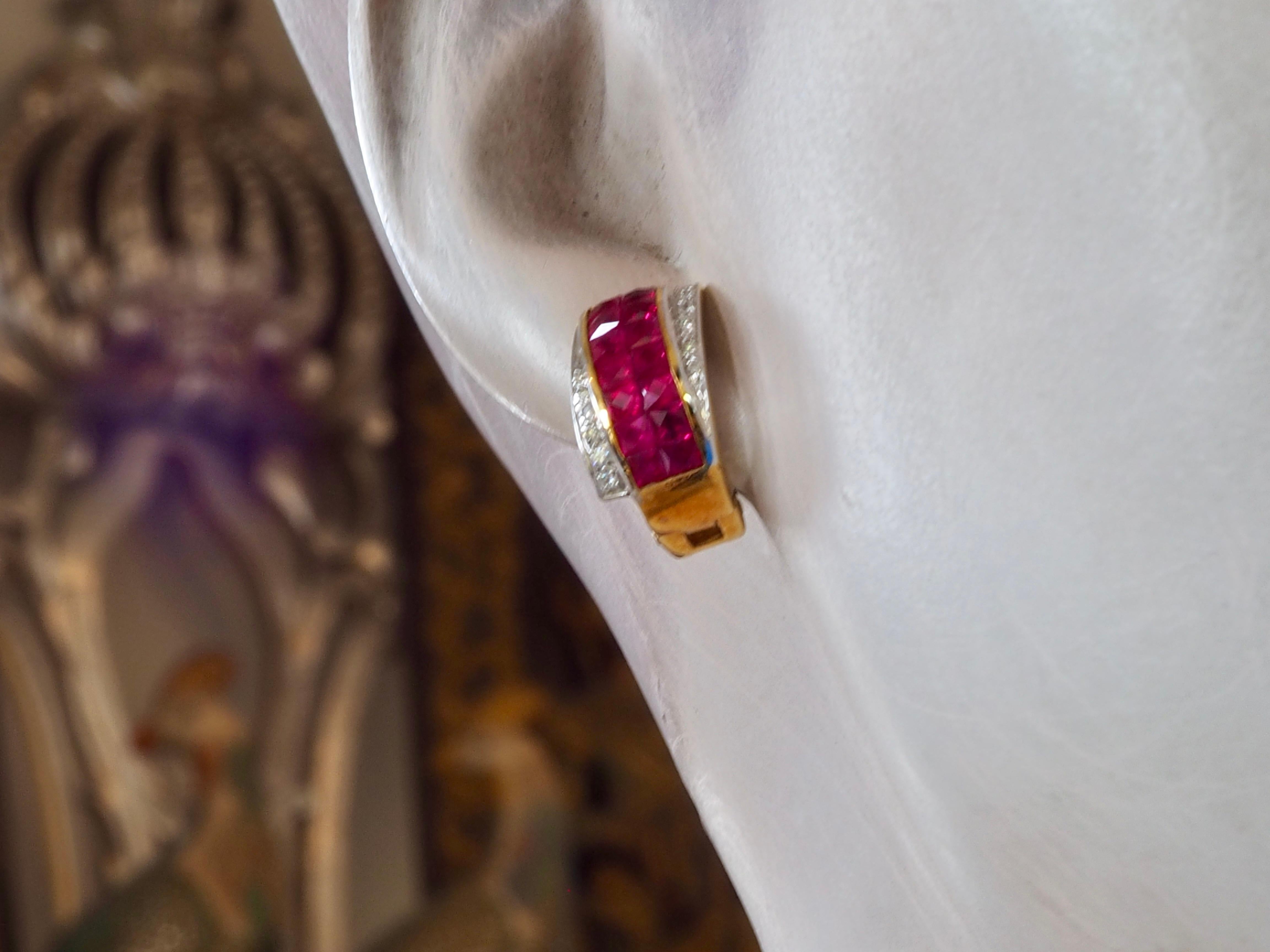 da uomo o donna Orecchini in oro 18K con rubino quadrato da 2,98 carati e diamante da 0,12 carati con chiusura invisibile in vendita