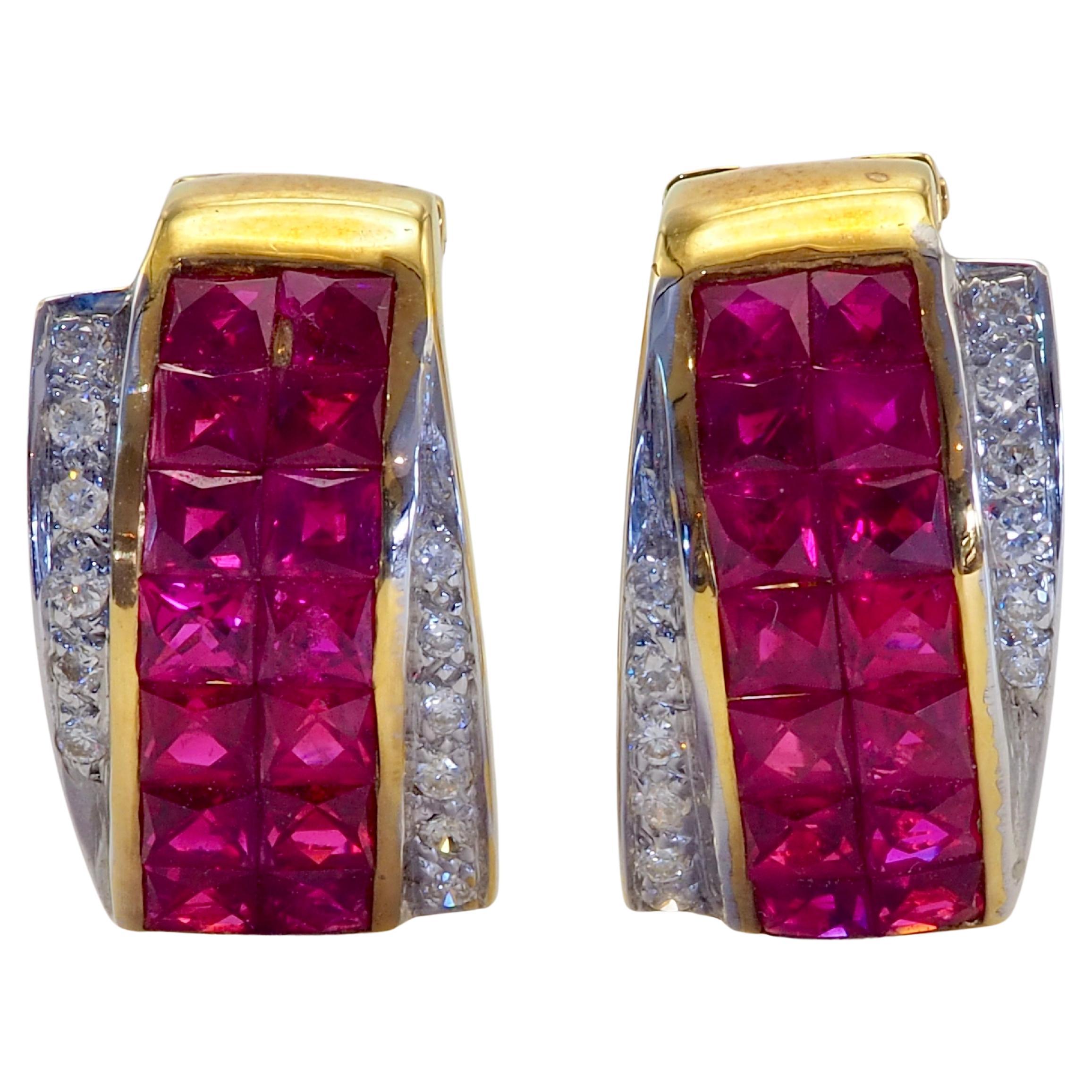 18K Gold 2.98ct Squared Ruby & 0.12ct Diamond Invisible Latch Bar Earrings