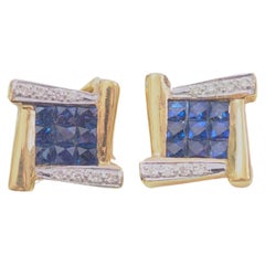 Vintage 18k Gold 2ct Square Blue Sapphire & 0.09ct Diamond Latch-Back Earrings