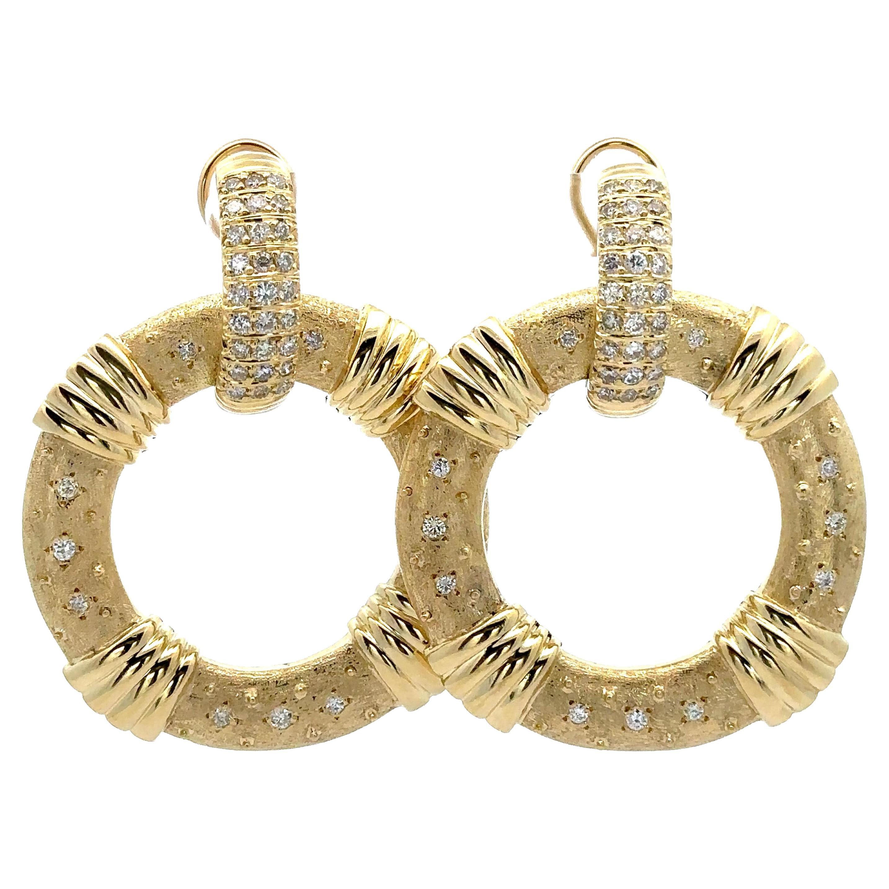 18k Gold 2ctw Diamond Large Textured Dangle Swinging Statement Omega Earrings