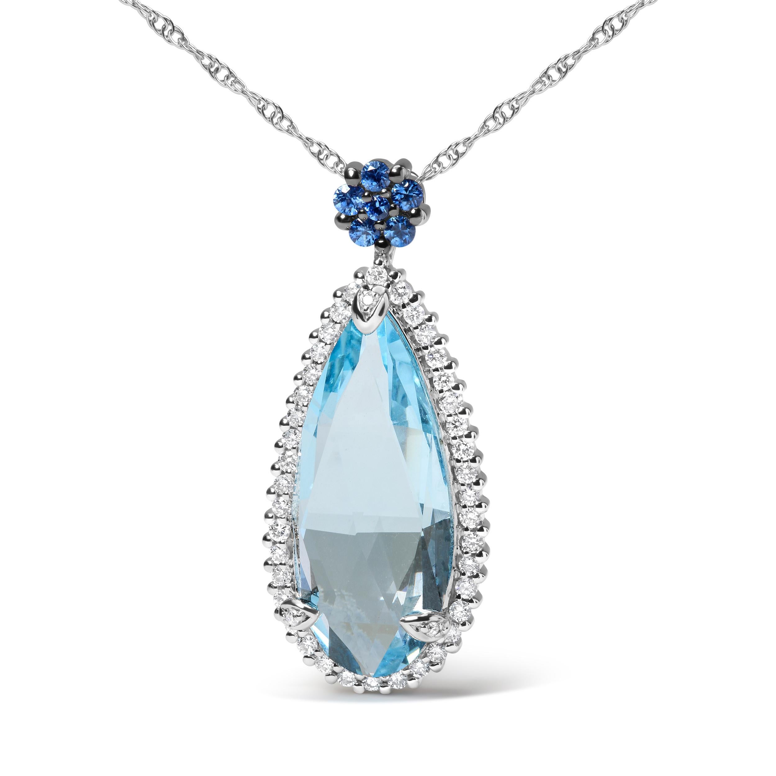 Stand back and let the glory of natural gemstones and diamonds infuse your style with their statement glamour. Made of 18k white gold, this necklace starts off with a bail made of 1.8mm round blue sapphires clustered into a floral silhouette within