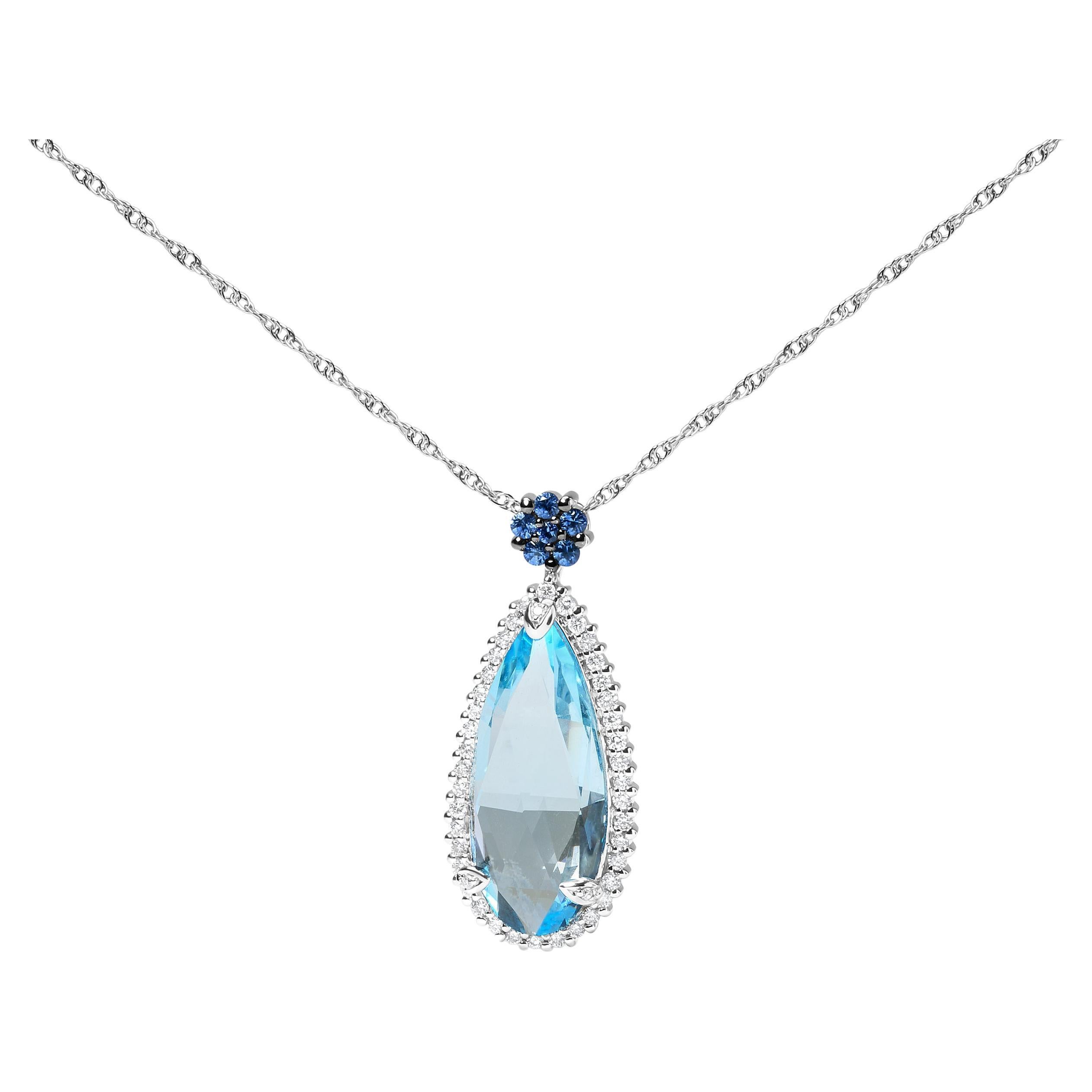 18K Gold 3/8 Carat Diamond & Blue Topaz & Sapphire Gemstone Pendant Necklace For Sale