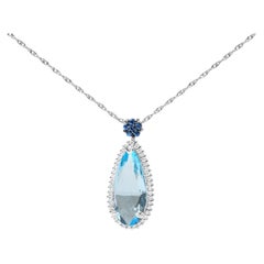 18K Gold 3/8 Carat Diamond & Blue Topaz & Sapphire Gemstone Pendant Necklace