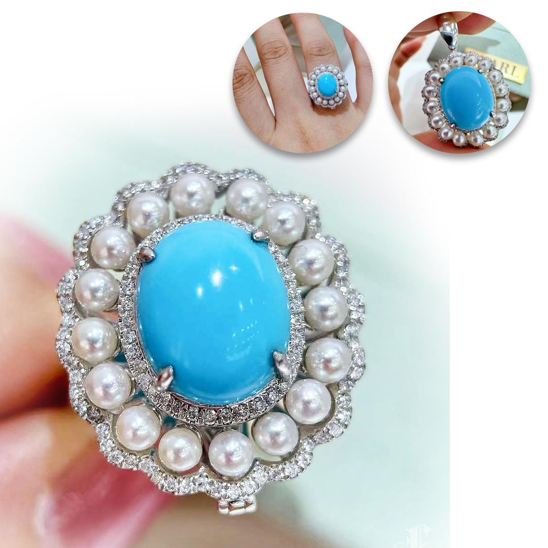 Uncut 【Caelmare】Regal Halo Convertible Turquoise & Baby Akoya Pearl Ring Pendant For Sale