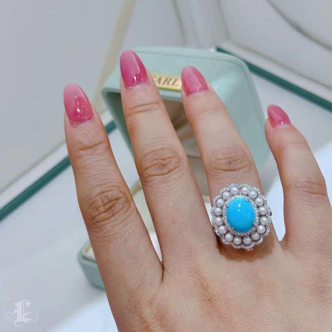 Women's 【Caelmare】Regal Halo Convertible Turquoise & Baby Akoya Pearl Ring Pendant For Sale