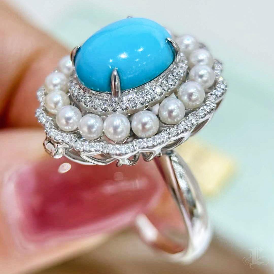【Caelmare】Regal Halo Convertible Turquoise & Baby Akoya Pearl Ring Pendant For Sale 1