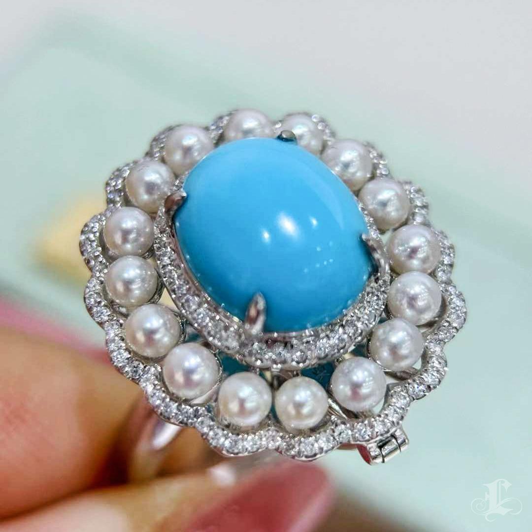 【Caelmare】Regal Halo Convertible Turquoise & Baby Akoya Pearl Ring Pendant For Sale 2