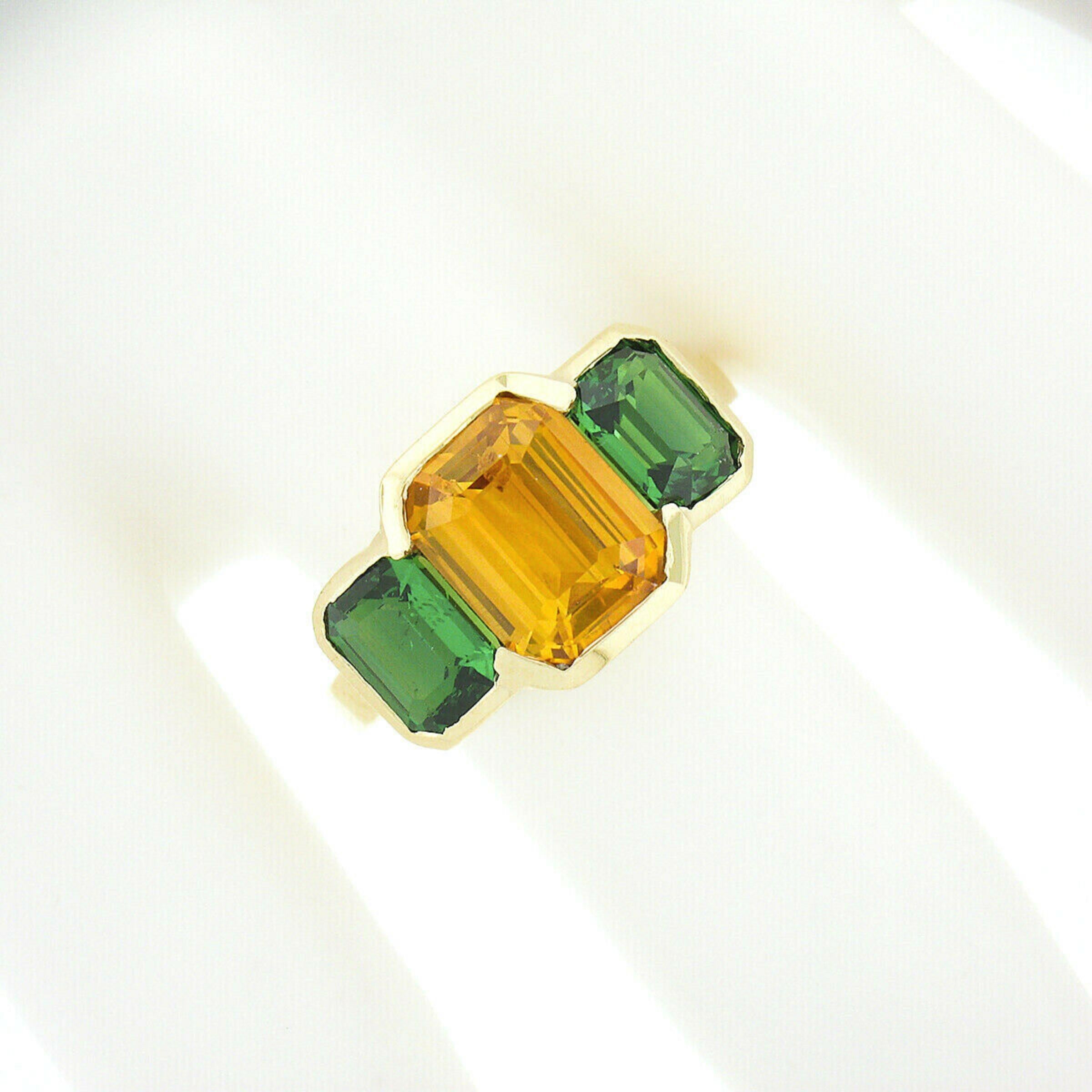 Emerald Cut 18k Gold 3.02ct GIA Half Bezel Yellow Sapphire & Tsavorite 3 Stone Cocktail Ring For Sale