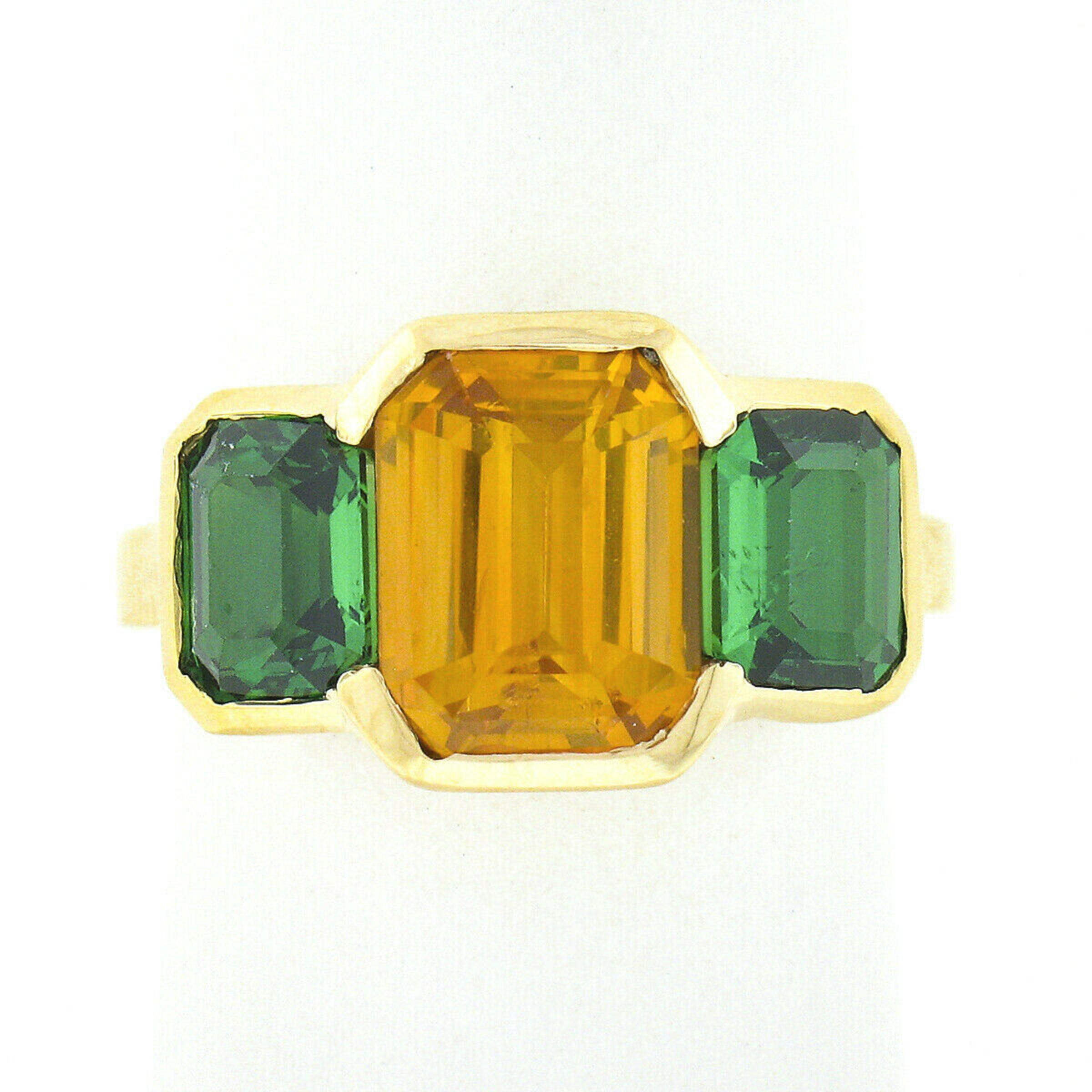 18k Gold 3.02ct GIA Half Bezel Yellow Sapphire & Tsavorite 3 Stone Cocktail Ring In Excellent Condition For Sale In Montclair, NJ