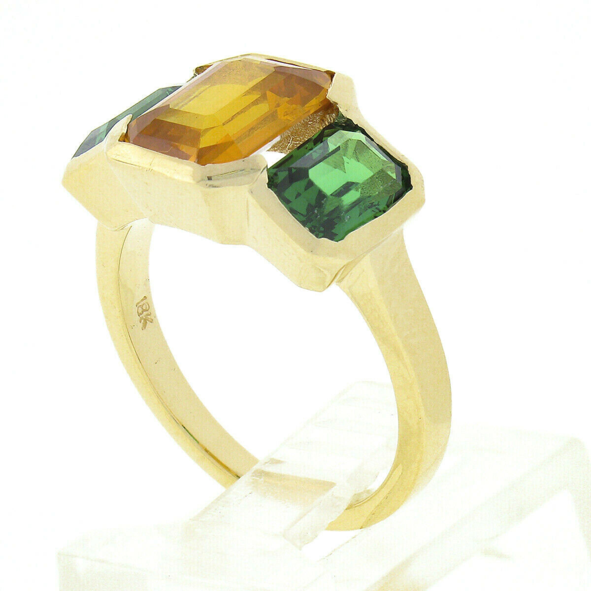 Women's 18k Gold 3.02ct GIA Half Bezel Yellow Sapphire & Tsavorite 3 Stone Cocktail Ring For Sale