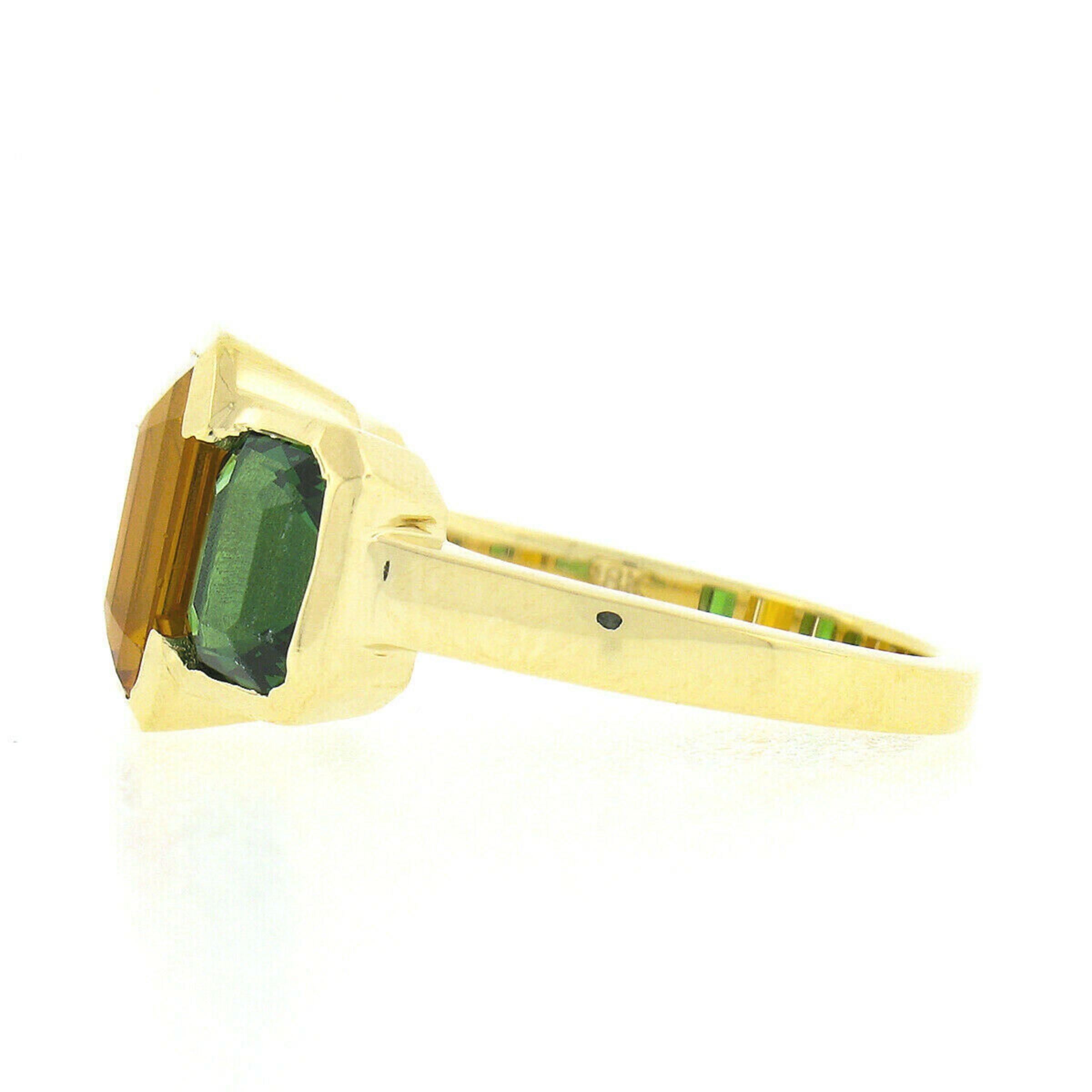 18k Gold 3.02ct GIA Half Bezel Yellow Sapphire & Tsavorite 3 Stone Cocktail Ring For Sale 2