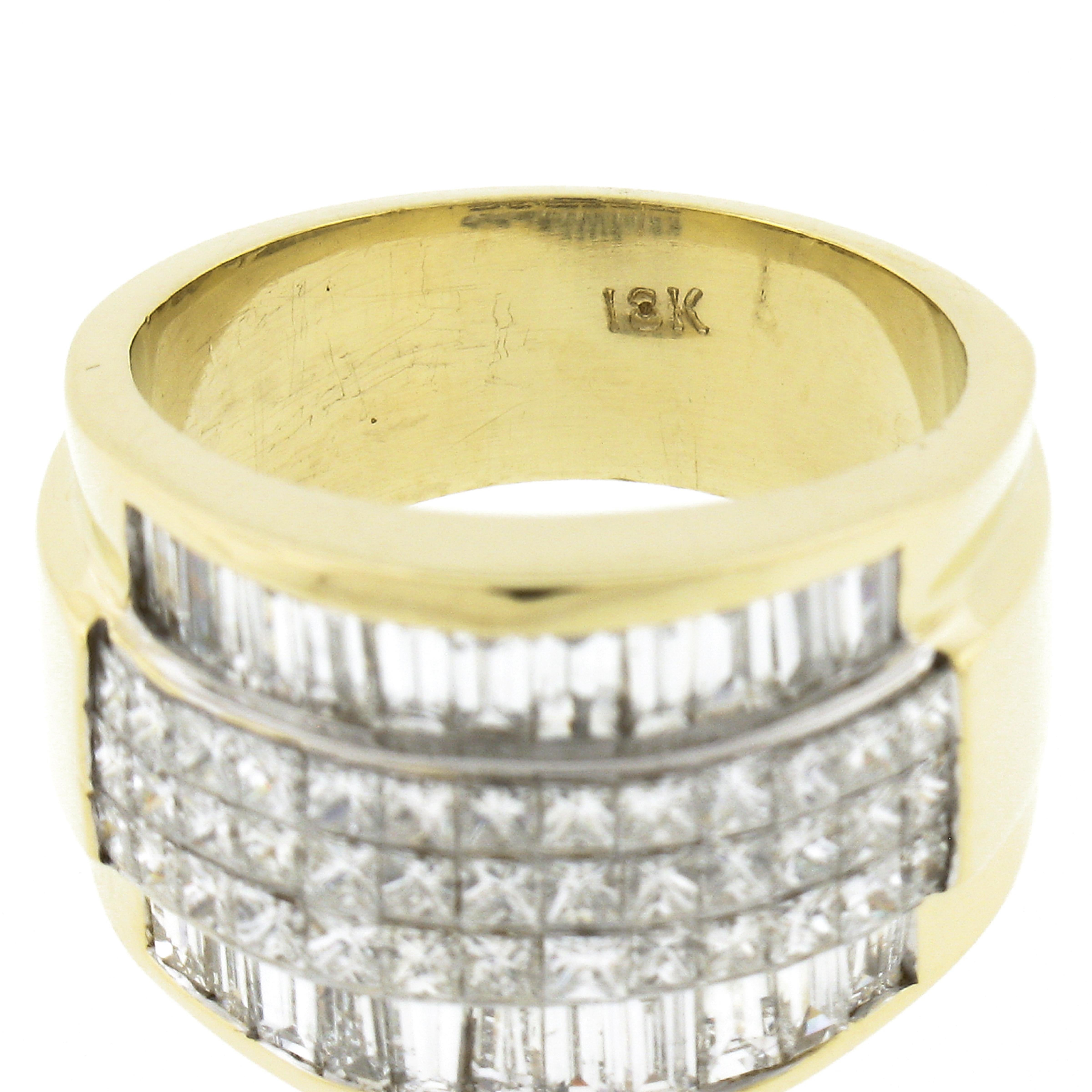 18k Gold 3.08ct Multi Row Invisible Set Princess Baguette Diamond Wide Band Ring For Sale 5
