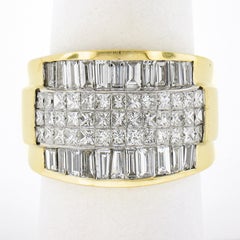 18k Gold 3.08ct Multi Row Invisible Set Princess Baguette Diamond Wide Band Ring