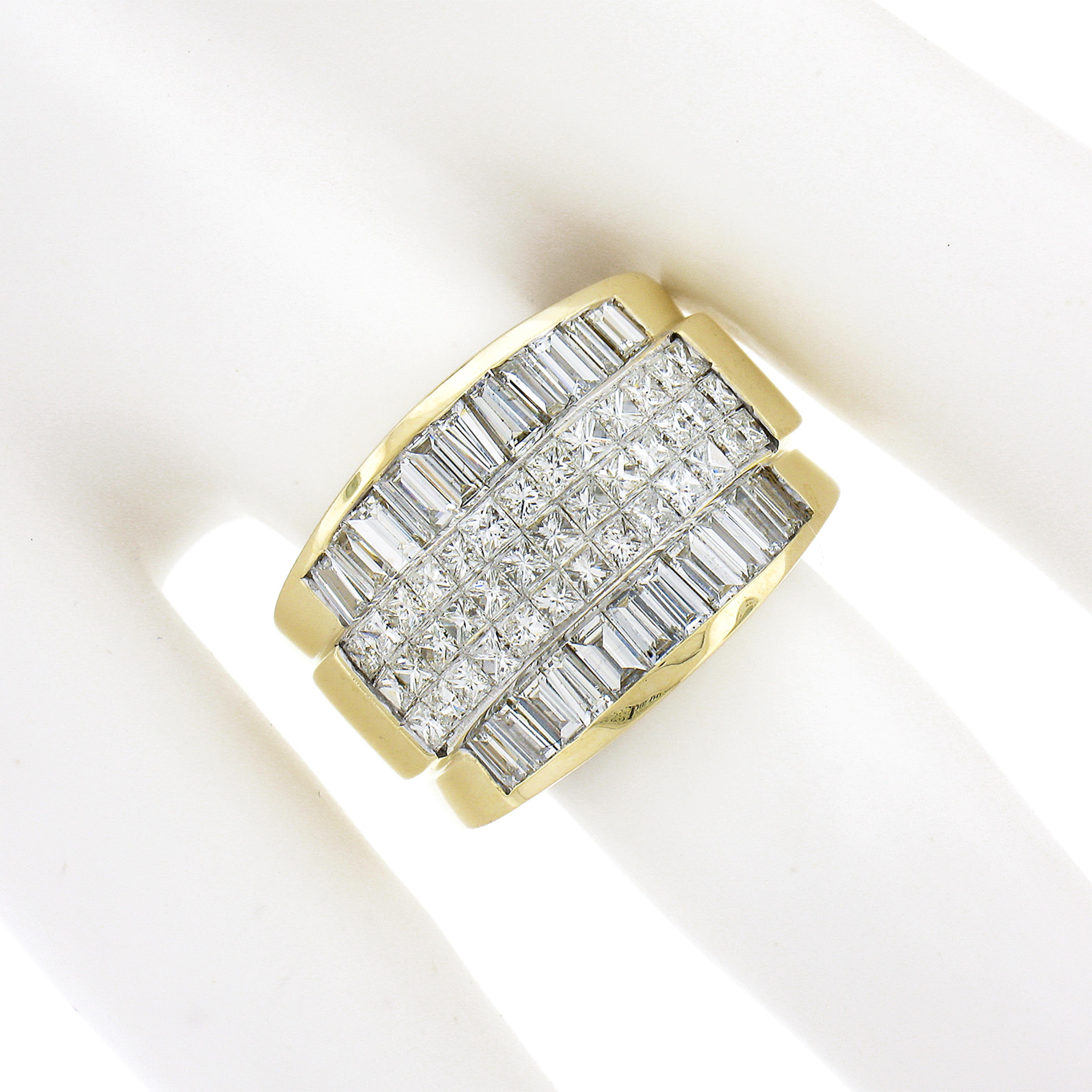 18k Gold 3.08ct Multi Row Invisible Set Princess Baguette Diamond Wide Band Ring In Excellent Condition For Sale In Montclair, NJ