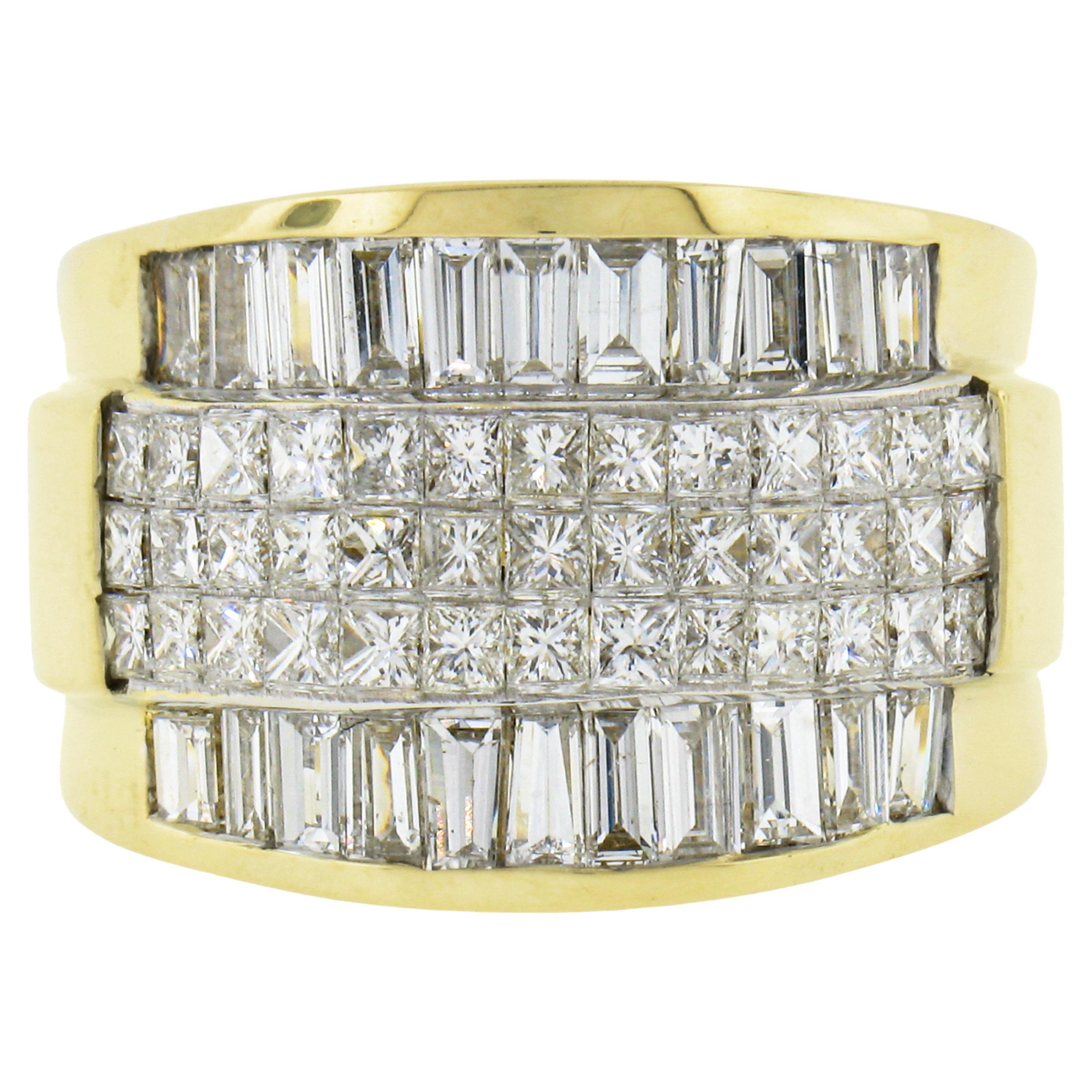 18k Gold 3.08ct Multi Row Invisible Set Princess Baguette Diamond Wide Band Ring