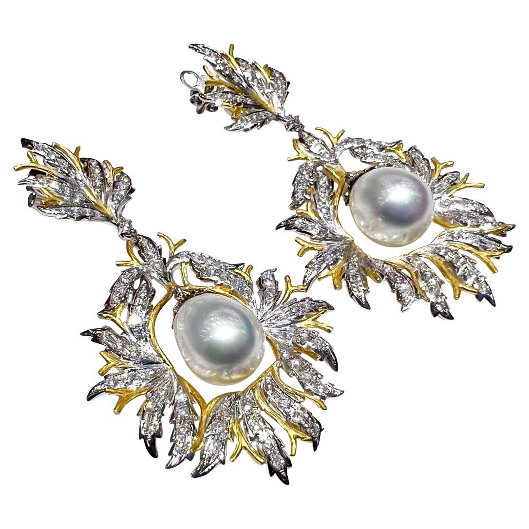 【Crown Radiance】Buccellati-Style South Sea Pearl Diamond Leaf Earrings