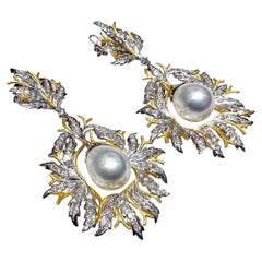 【Crown Radiance】Buccellati-Stil Südsee Perle Diamant Blatt Ohrringe