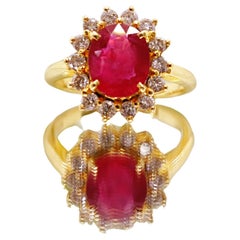 18K Gold 3.10ct Ruby Diamond Halo Ring Engagement, Promise, Anniversary Ring