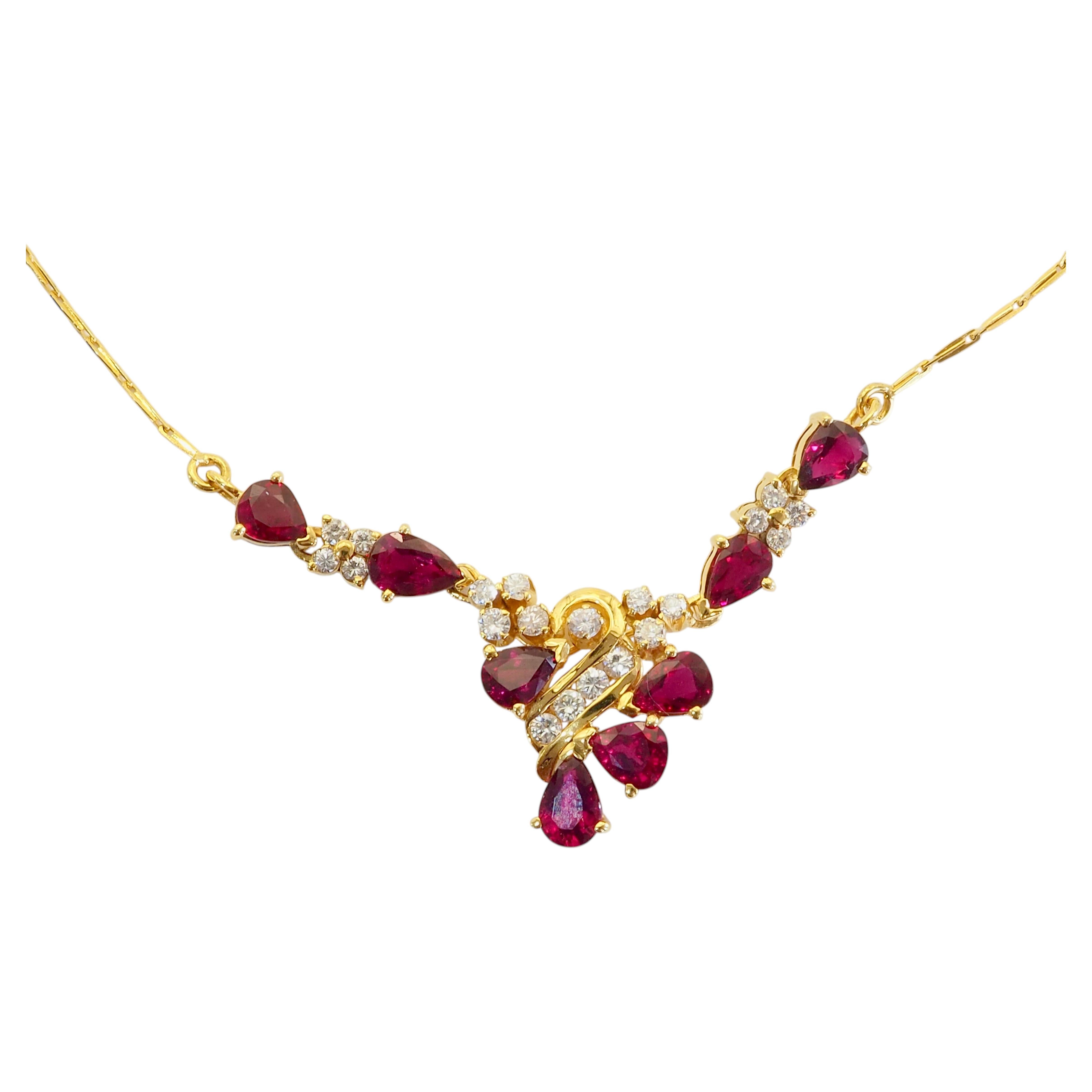 18K Gold 3.14ct Thai Pear Ruby & 0.50ct Diamond Pendant Necklace, 18.5"