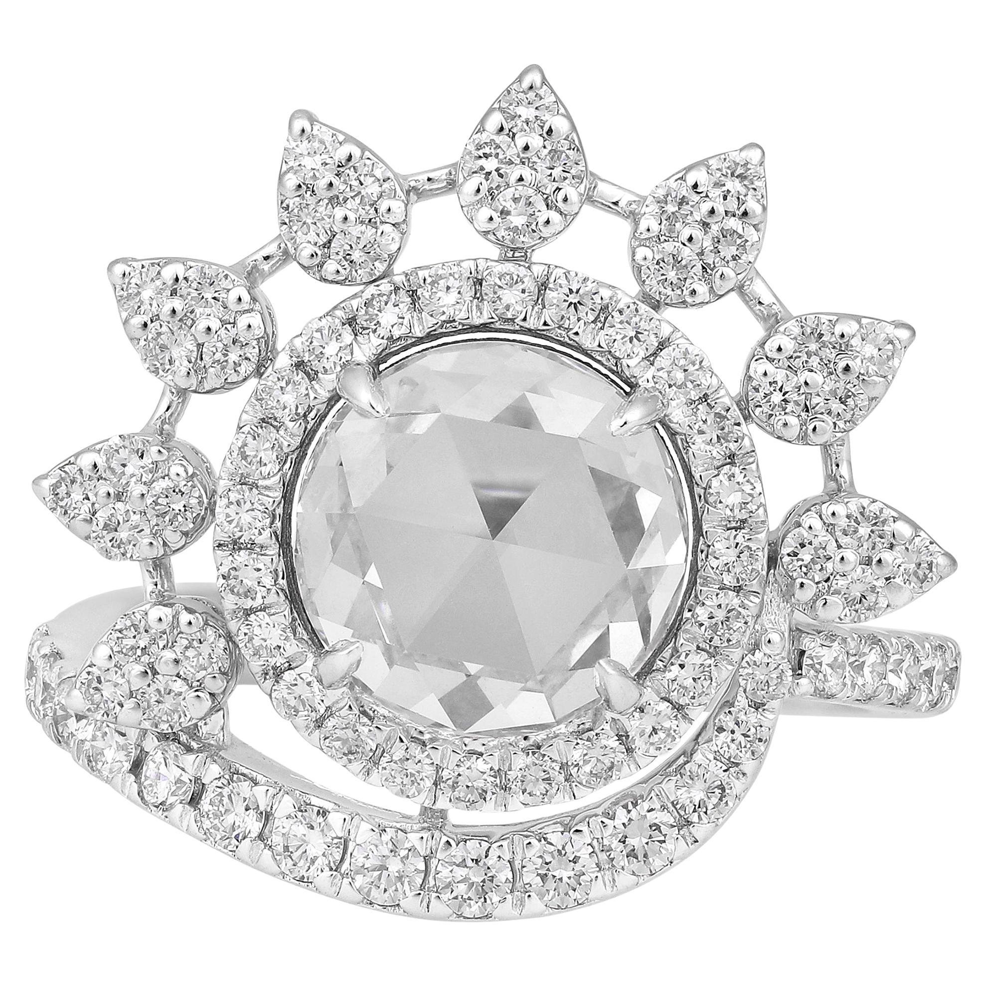 Or 18K 3.15ct Lab Created Diamond D-VVS Rose-Cut Round Solitaire Ring en vente