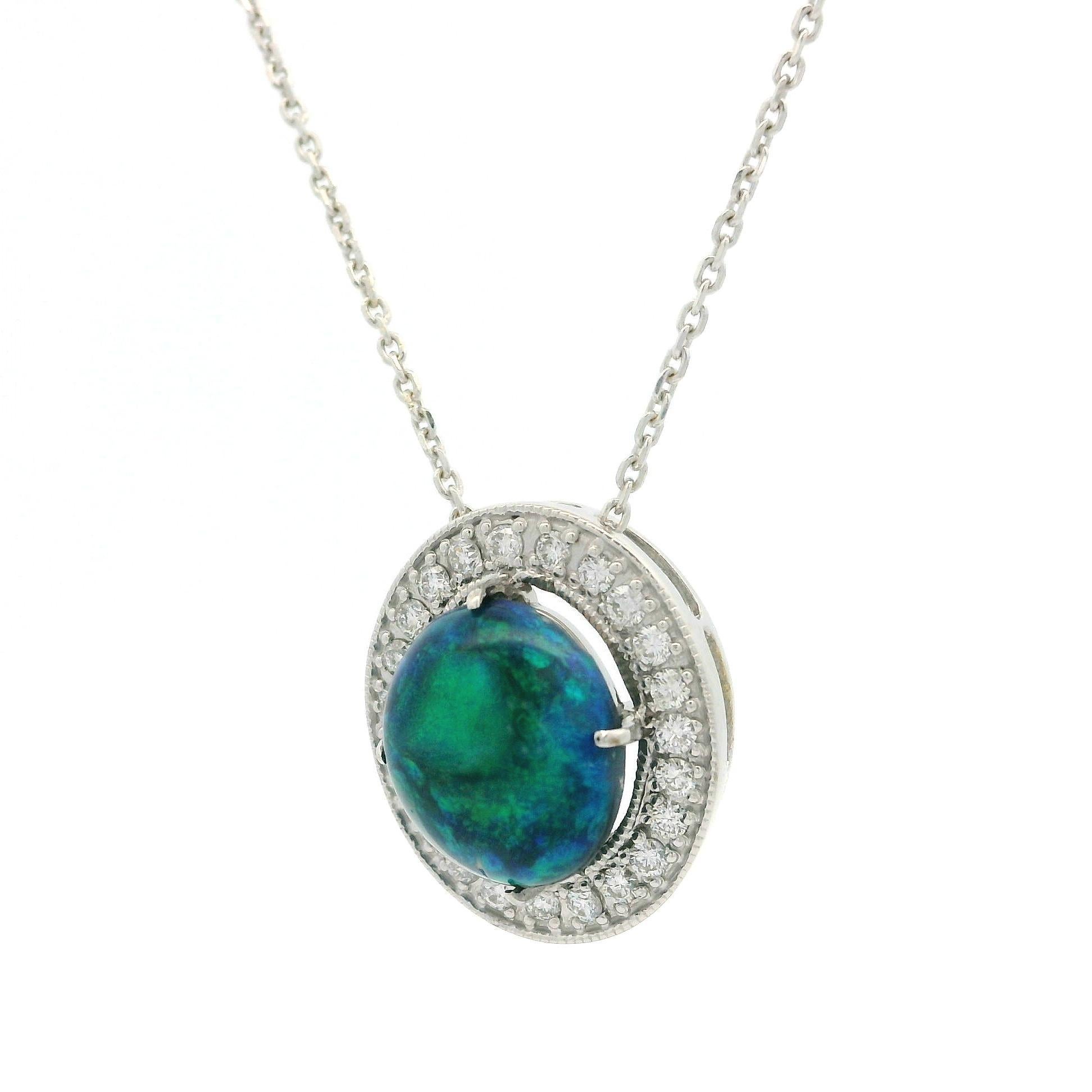 18k Gold 3.17ctw Cabochon Black Opal w/ Diamond Halo Pendant Adjustable Necklace 6