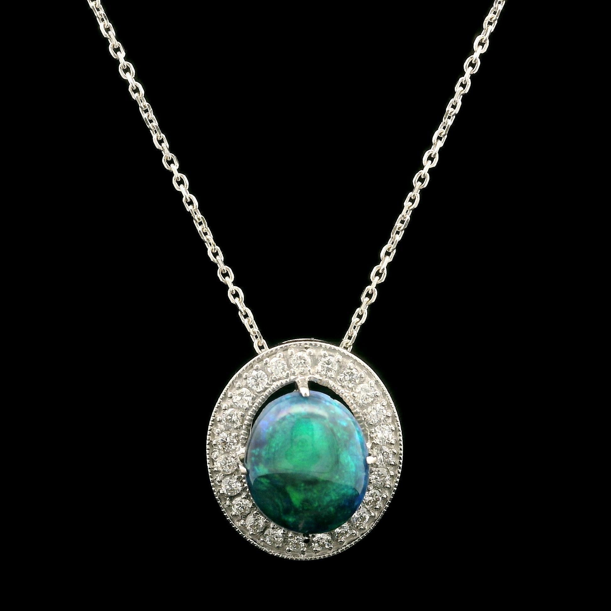 18k Gold 3.17ctw Cabochon Black Opal w/ Diamond Halo Pendant Adjustable Necklace 7